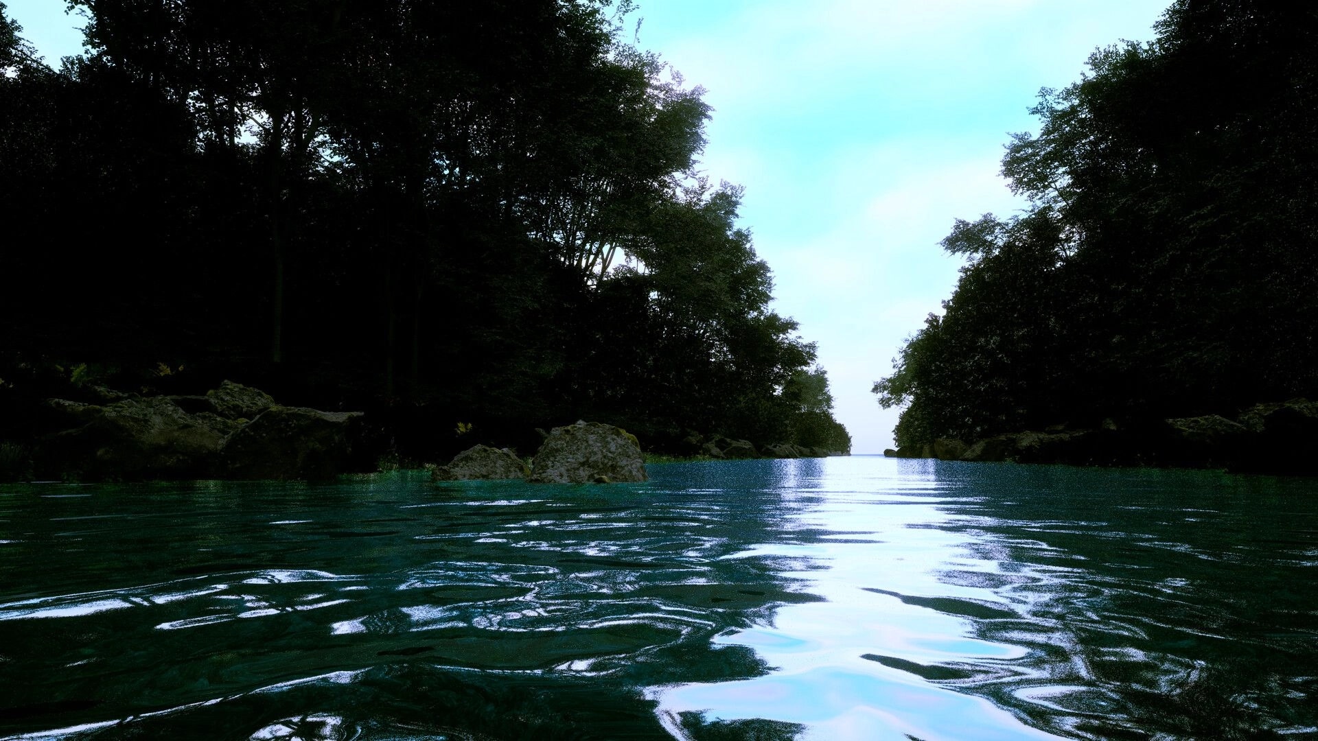 Dream Voyage: Reflective river flowing through dense forest under a bright blue sky