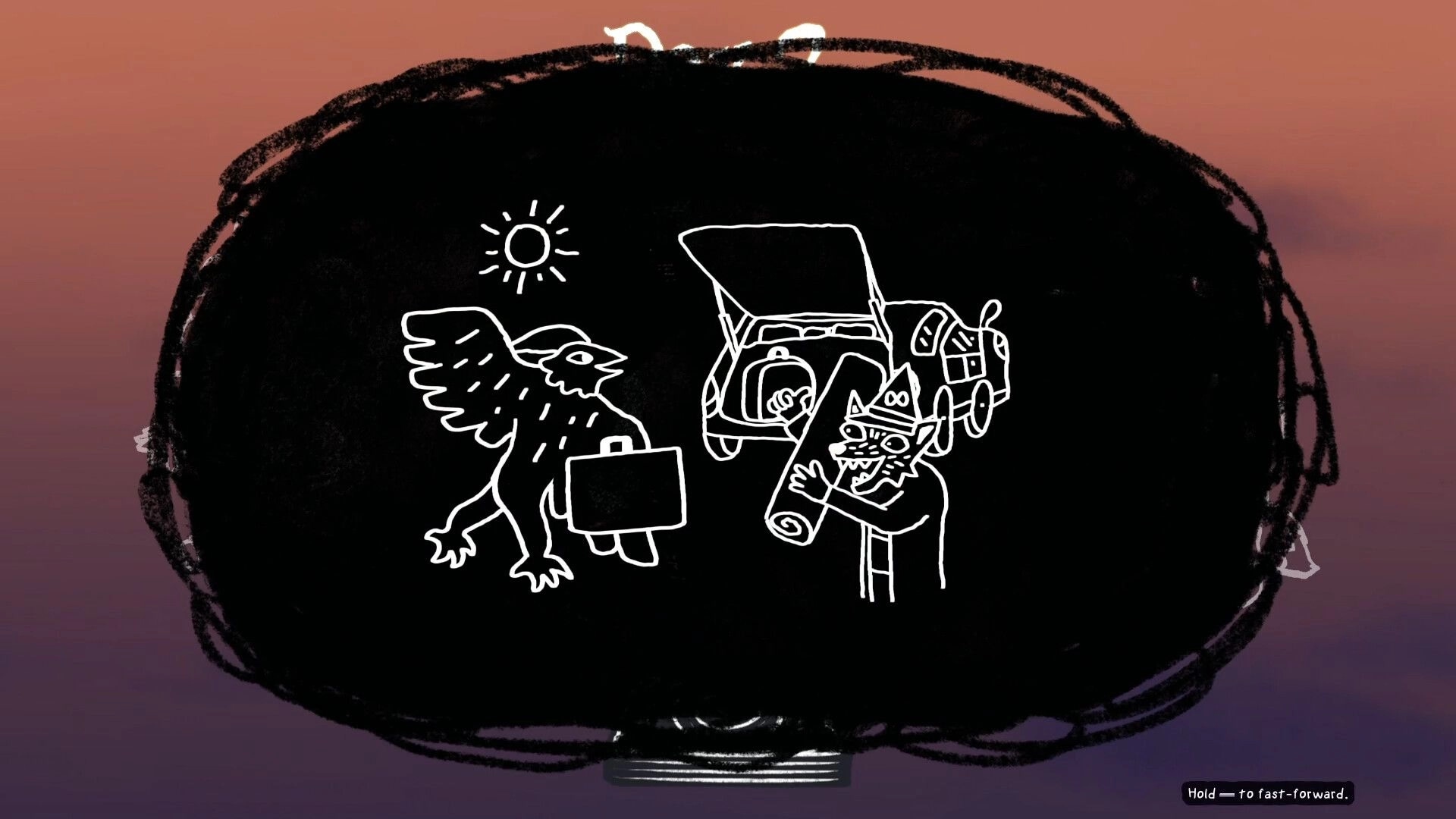 Dreamcards: Sketch of a griffin and a character with scrolls near a car under a sun in a dreamlike setting.