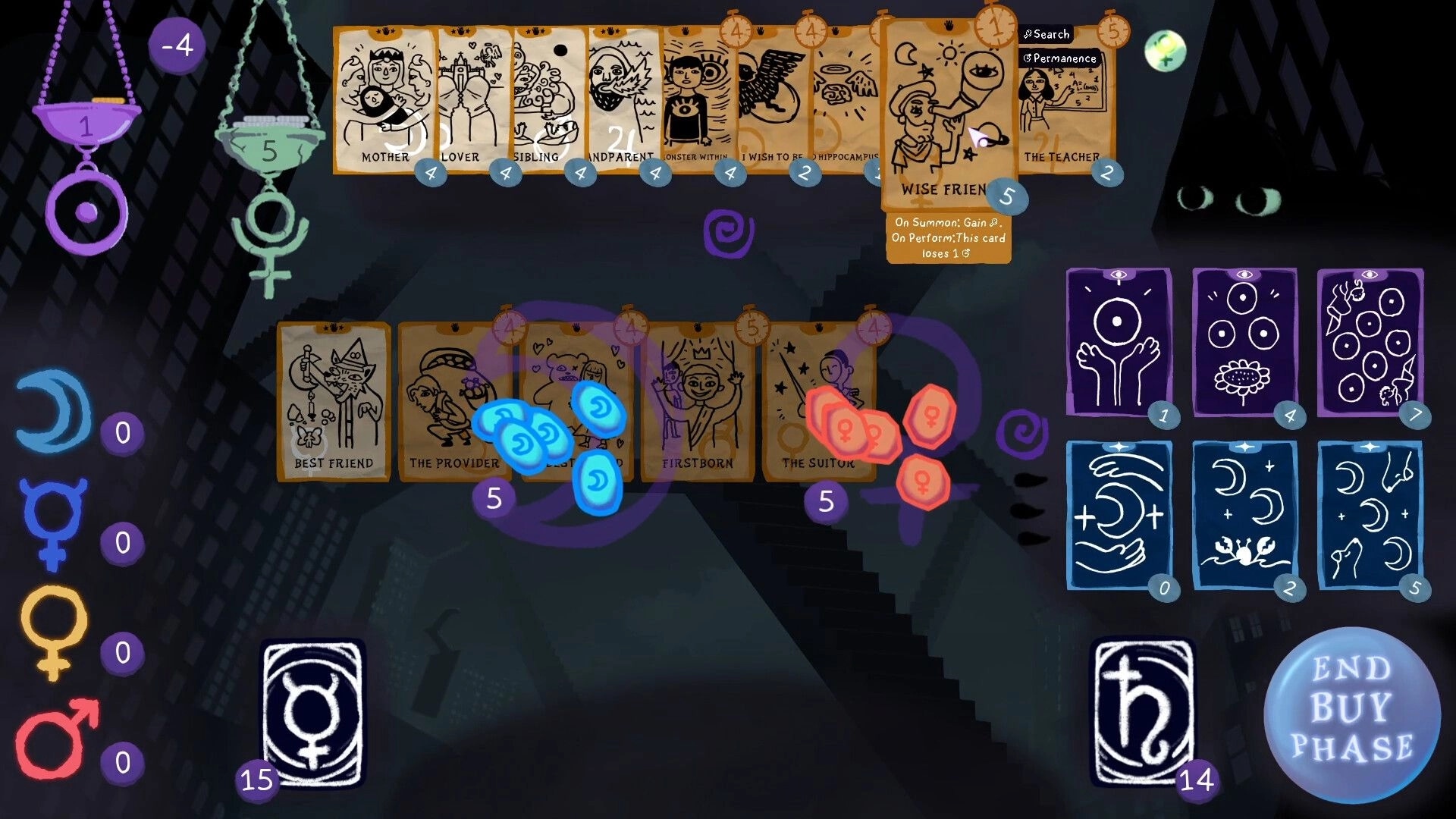 Dreamcards: Card selection interface with various character cards and mysterious background stairs