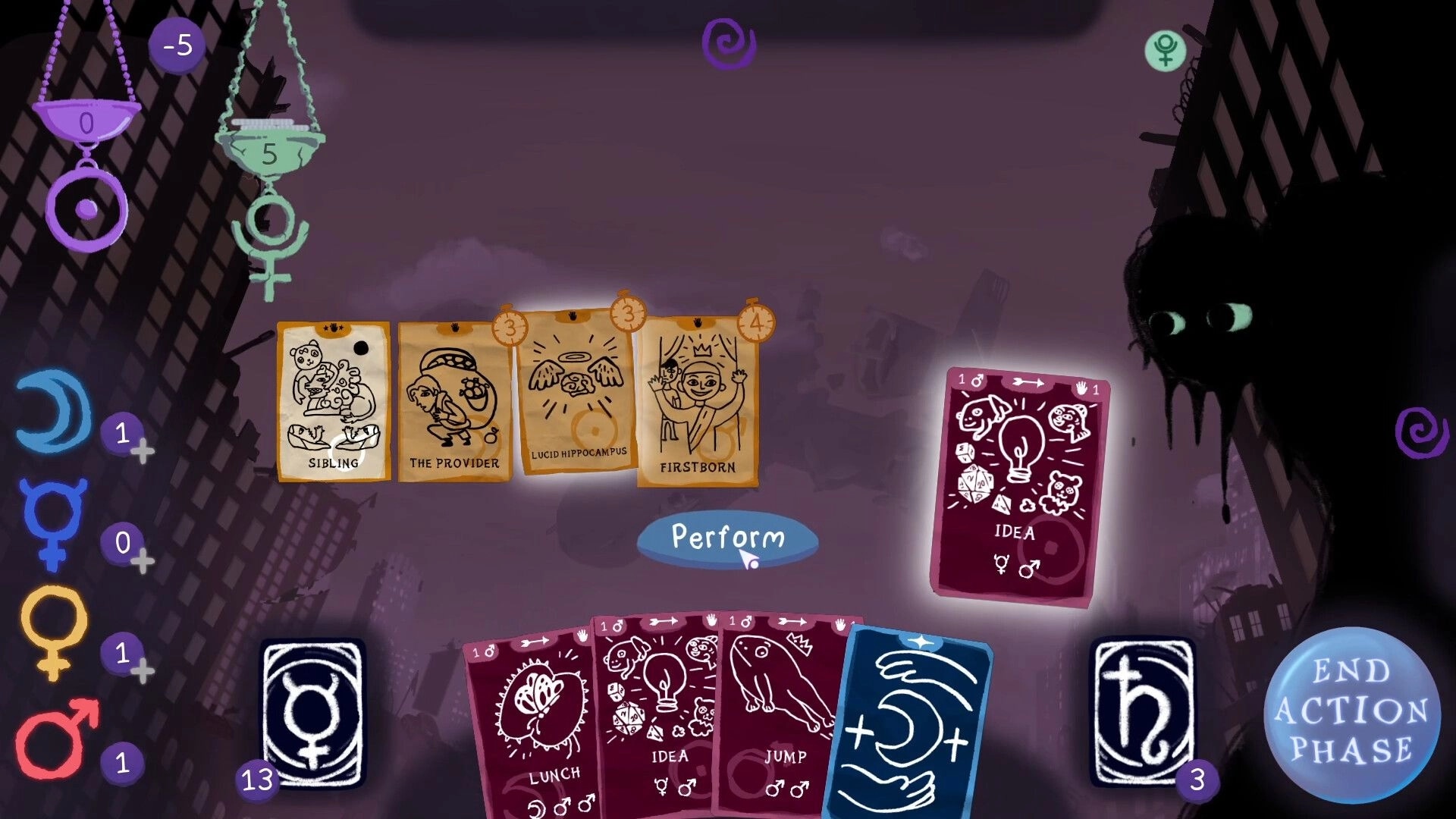 Dreamcards: Card selection interface with options like "SIBLING" and "FIRSTBORN" in a dark cityscape