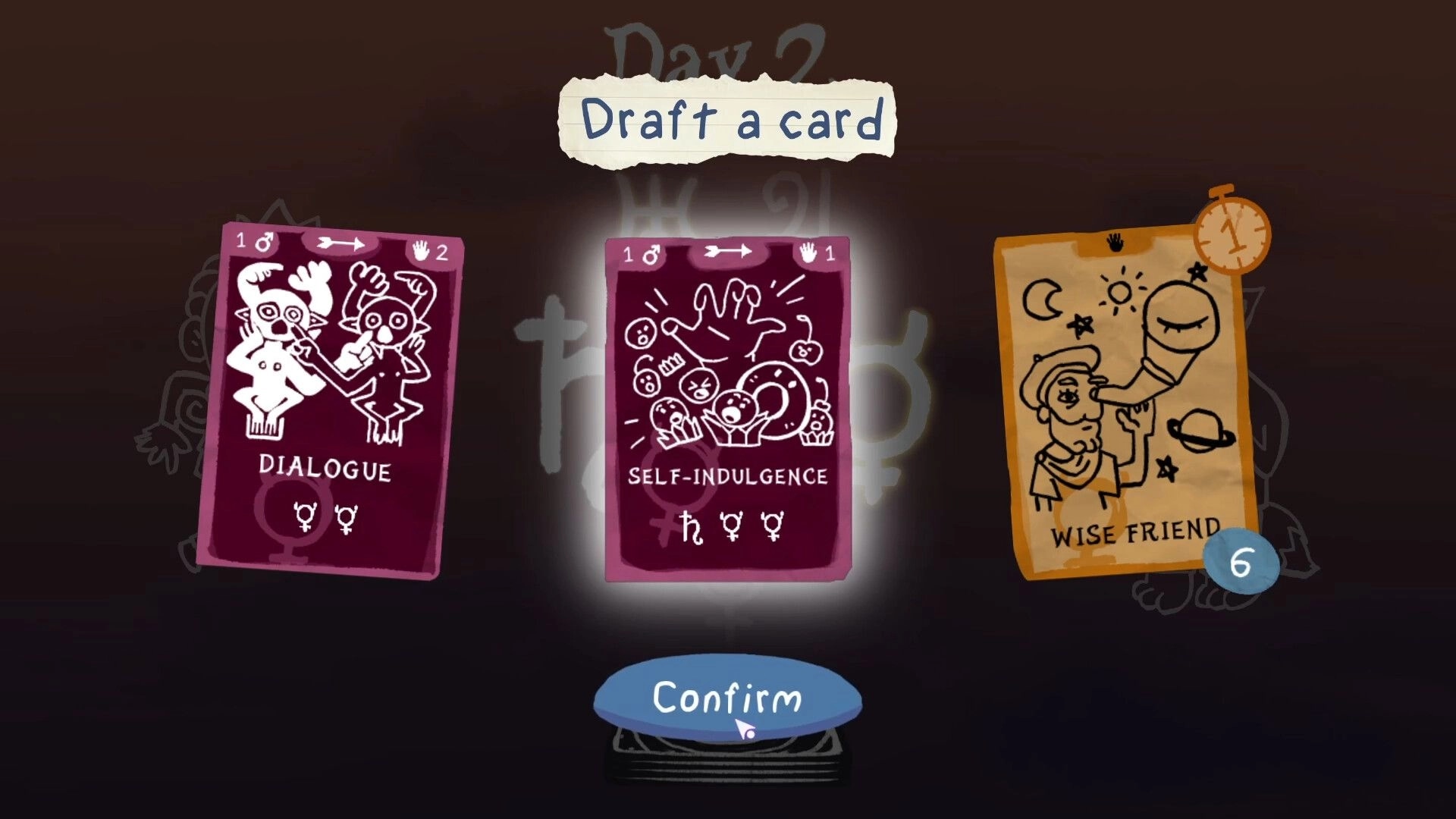 Dreamcards: Card selection screen with Dialogue, Self-Indulgence, and Wise Friend cards in dark setting