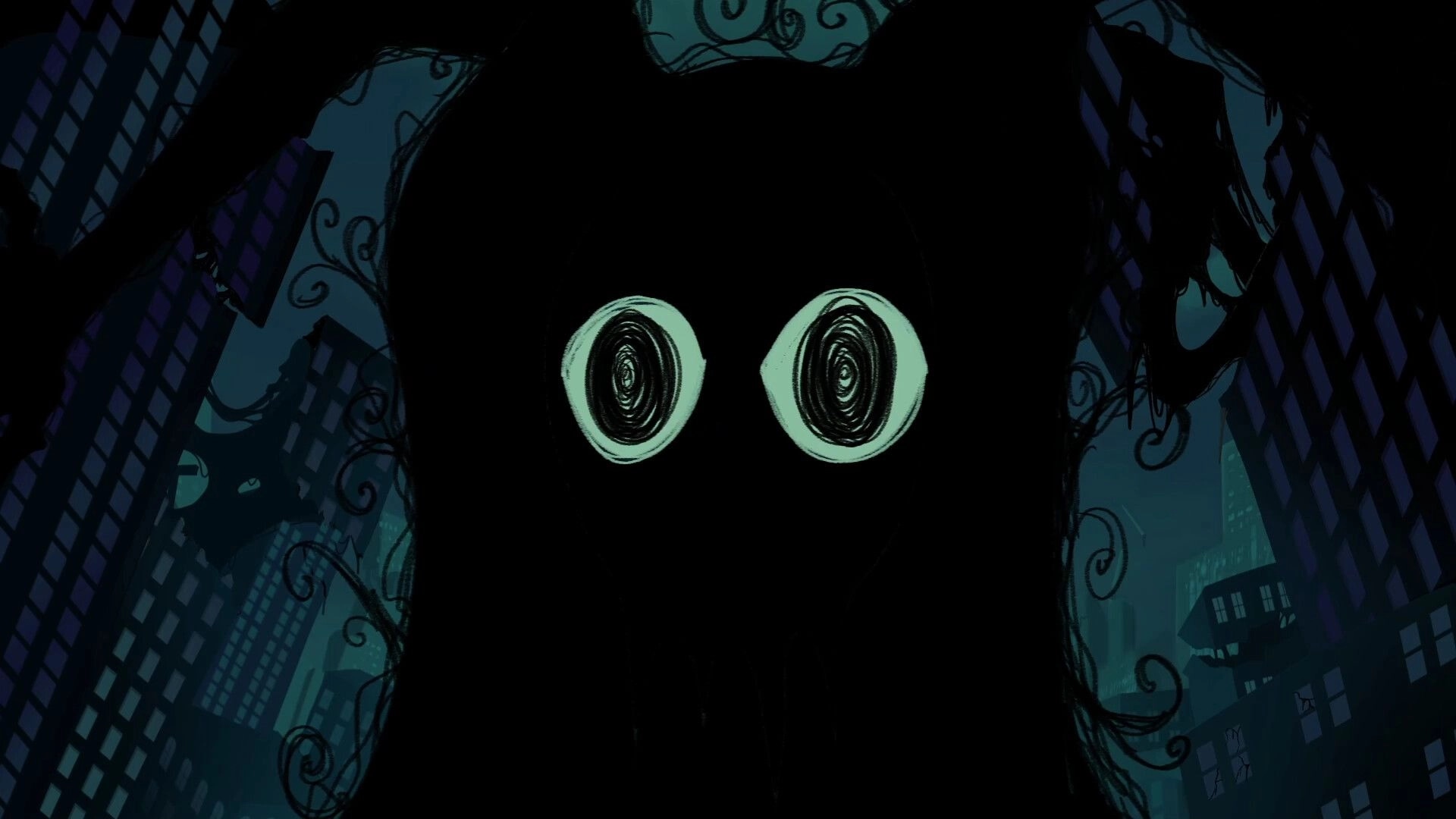 Dreamcards: Dark figure with glowing eyes against a backdrop of swirling shadows and silhouetted buildings