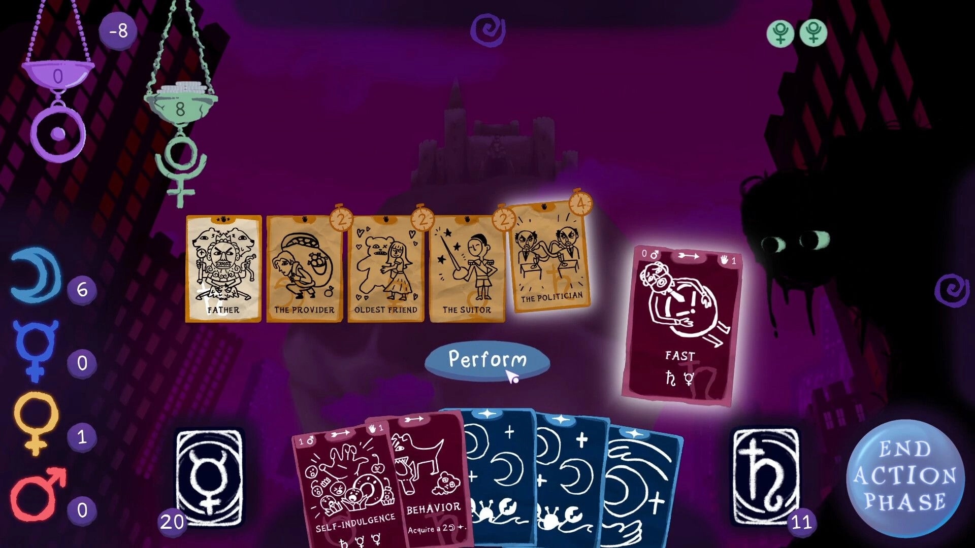 Dreamcards: Card selection interface with "Father," "The Provider," and "Oldest Friend" in purple realm