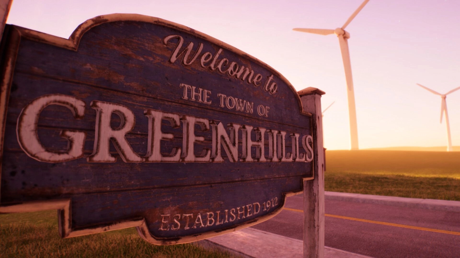 Dreamcore: Close-up of "Welcome to Greenhills" town sign by a road with wind turbines at sunset.