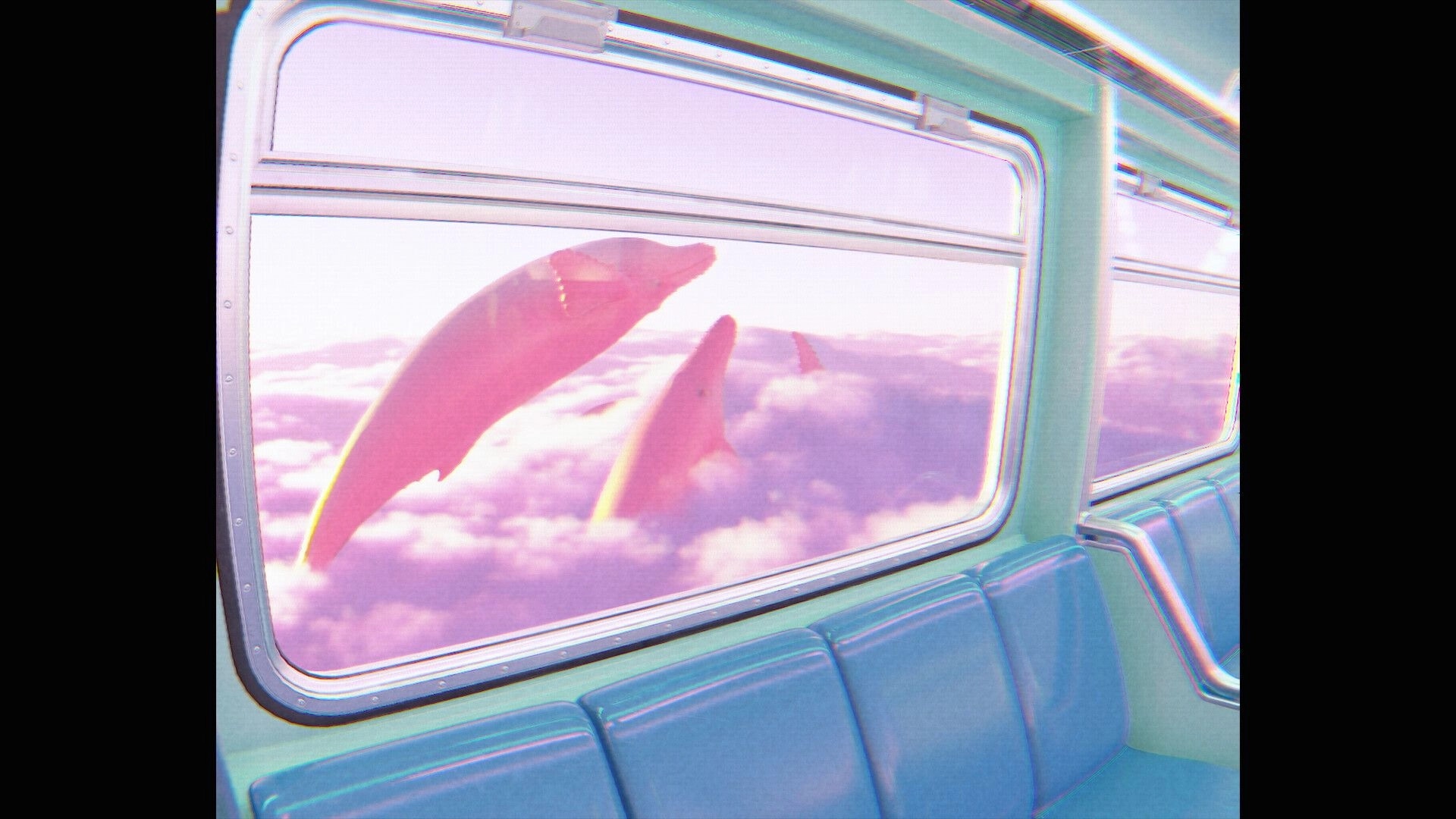 Dreamcore: Pink dolphins glide past train window above pastel clouds in empty blue seats carriage.