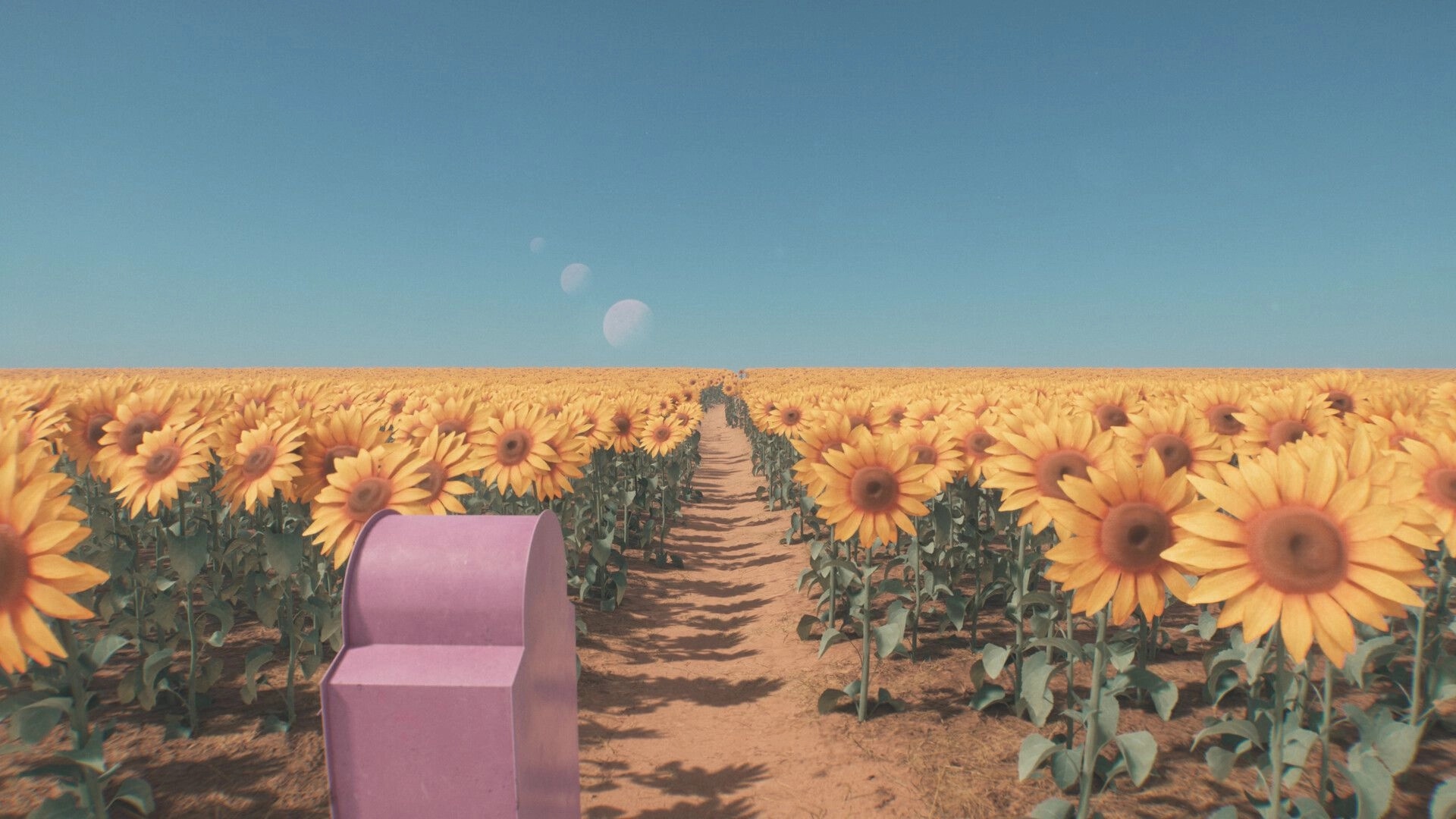Dreamcore: First-person view of a purple mailbox beside a dirt path through endless sunflowers under blue sky.