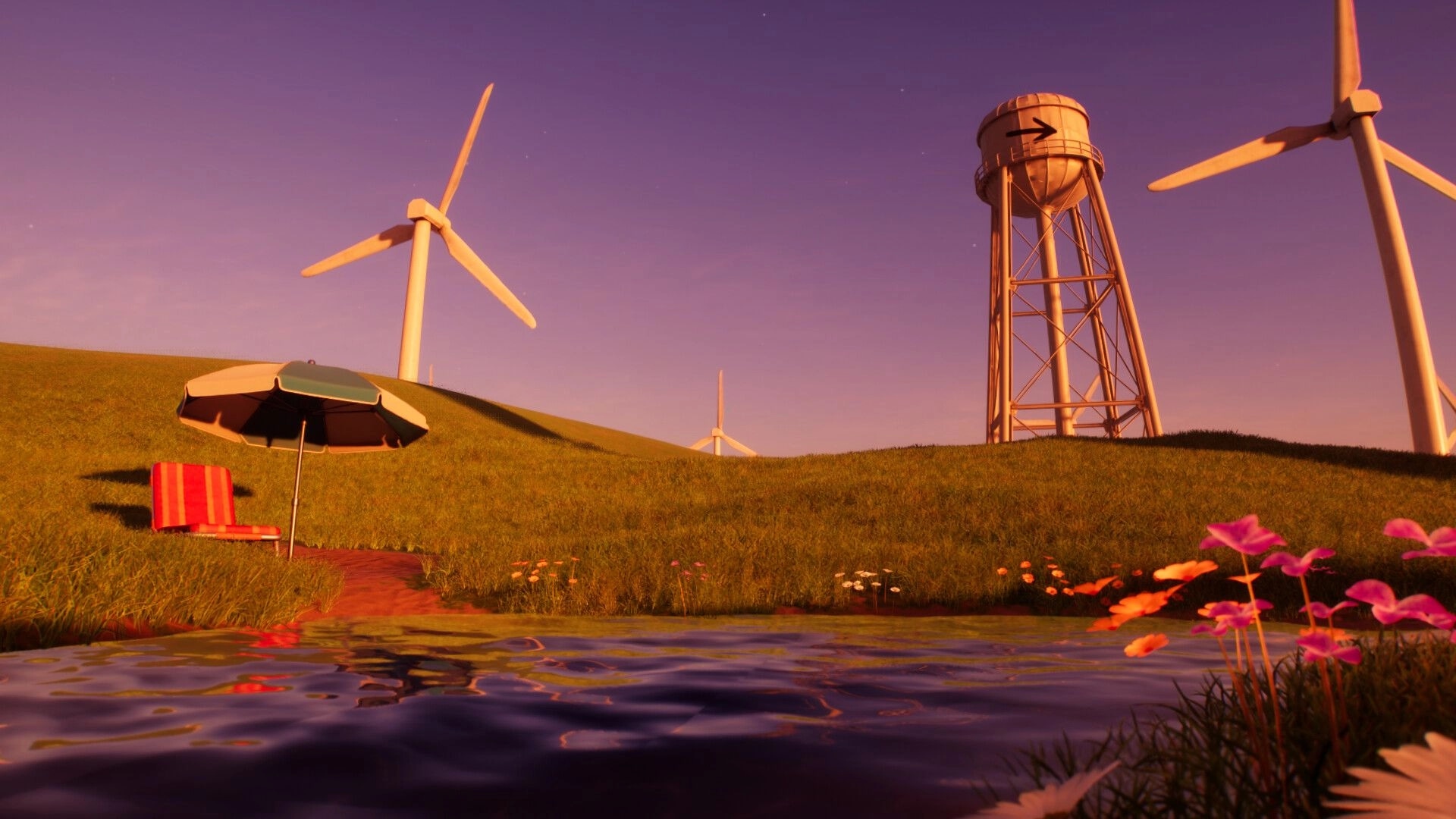 Dreamcore: Wind turbines and a water tower above a pond and picnic chair on grassy hills at dusk.