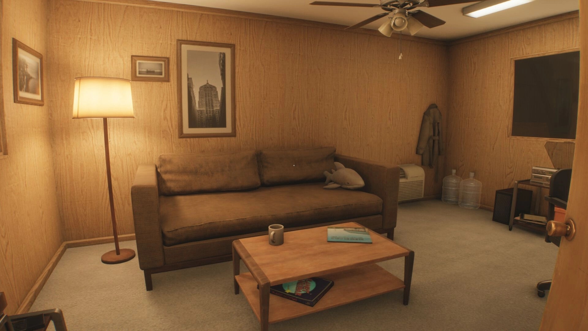 Dreamcore: First-person view of a couch and coffee table in a wood-paneled office room.