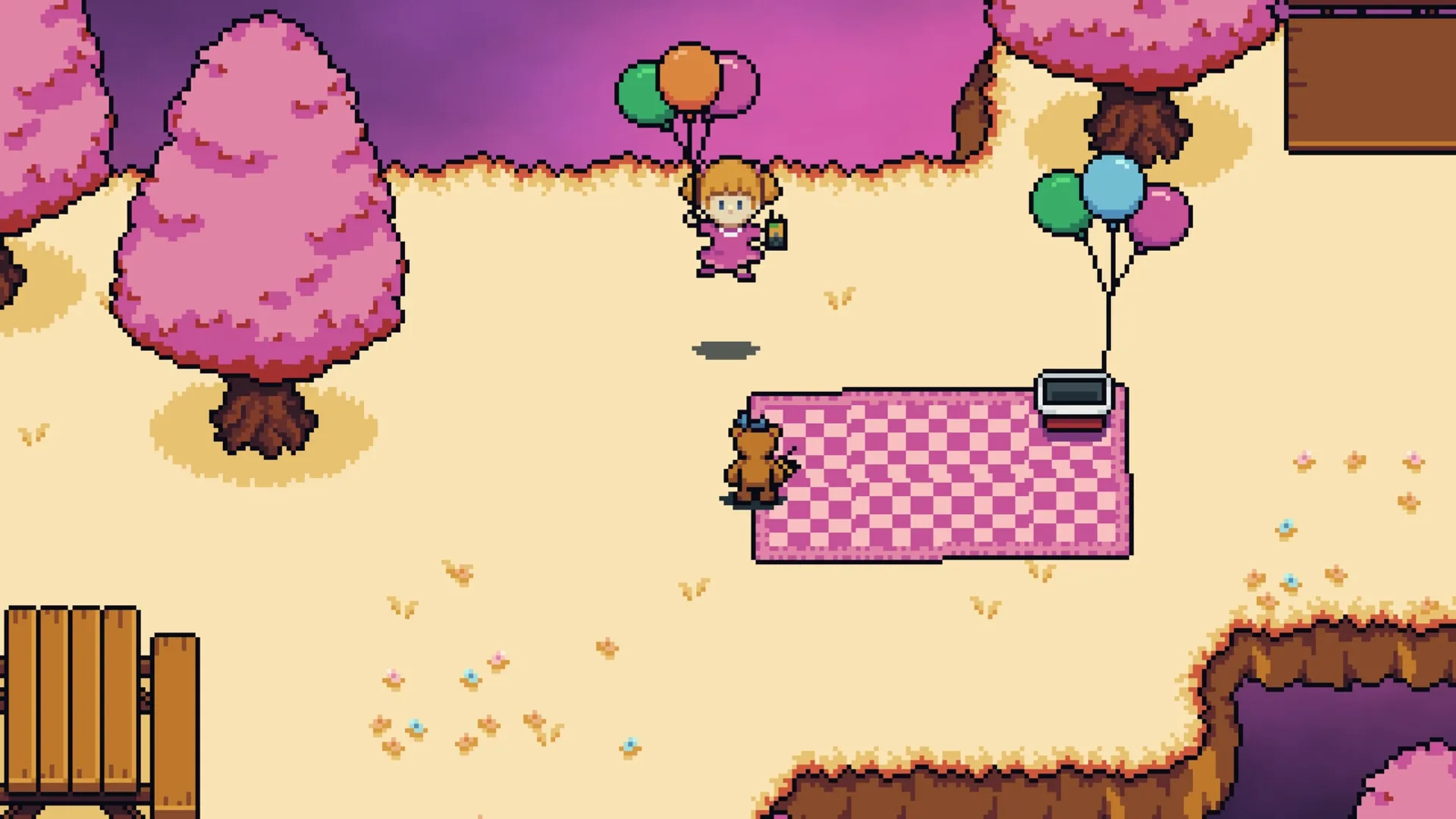 Dreamed Away: Théo interacts with a balloon-carrying character in a whimsical, pink-tree filled landscape.