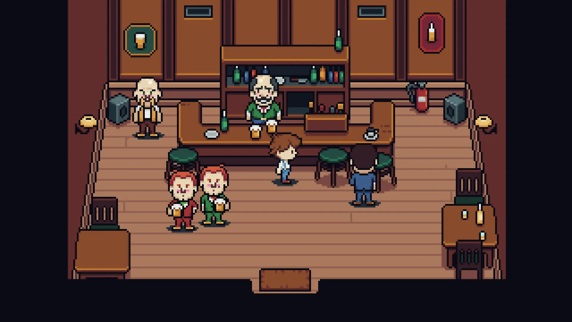 Dreamed Away: Théo interacts with patrons in a cozy, wood-paneled tavern setting.