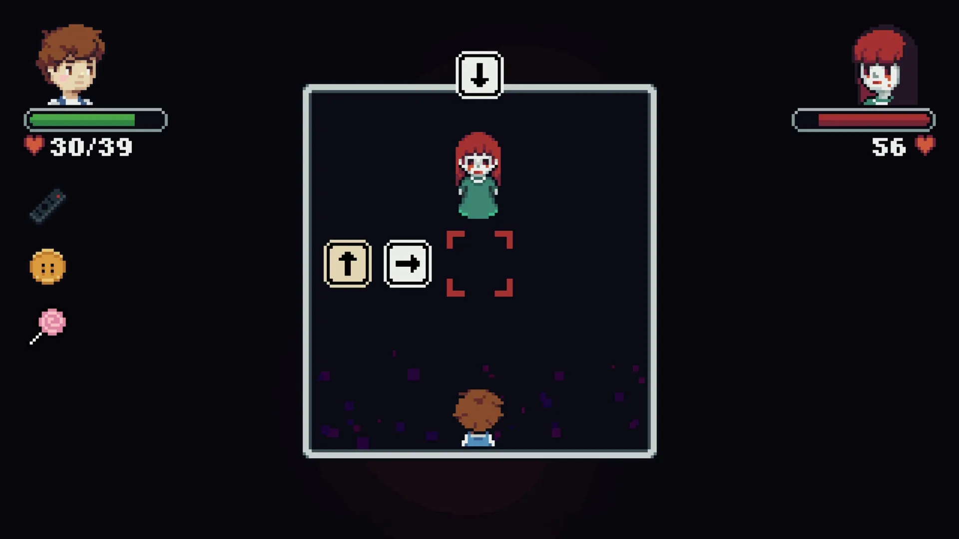 Dreamed Away: Théo faces a red-haired enemy in combat with health bars and directional controls displayed.