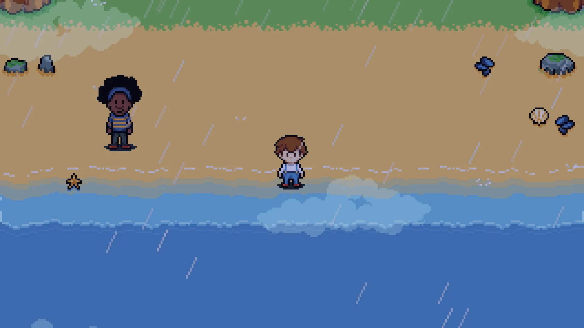 Dreamed Away: Théo and companion standing on a rainy beach with scattered rocks and shells