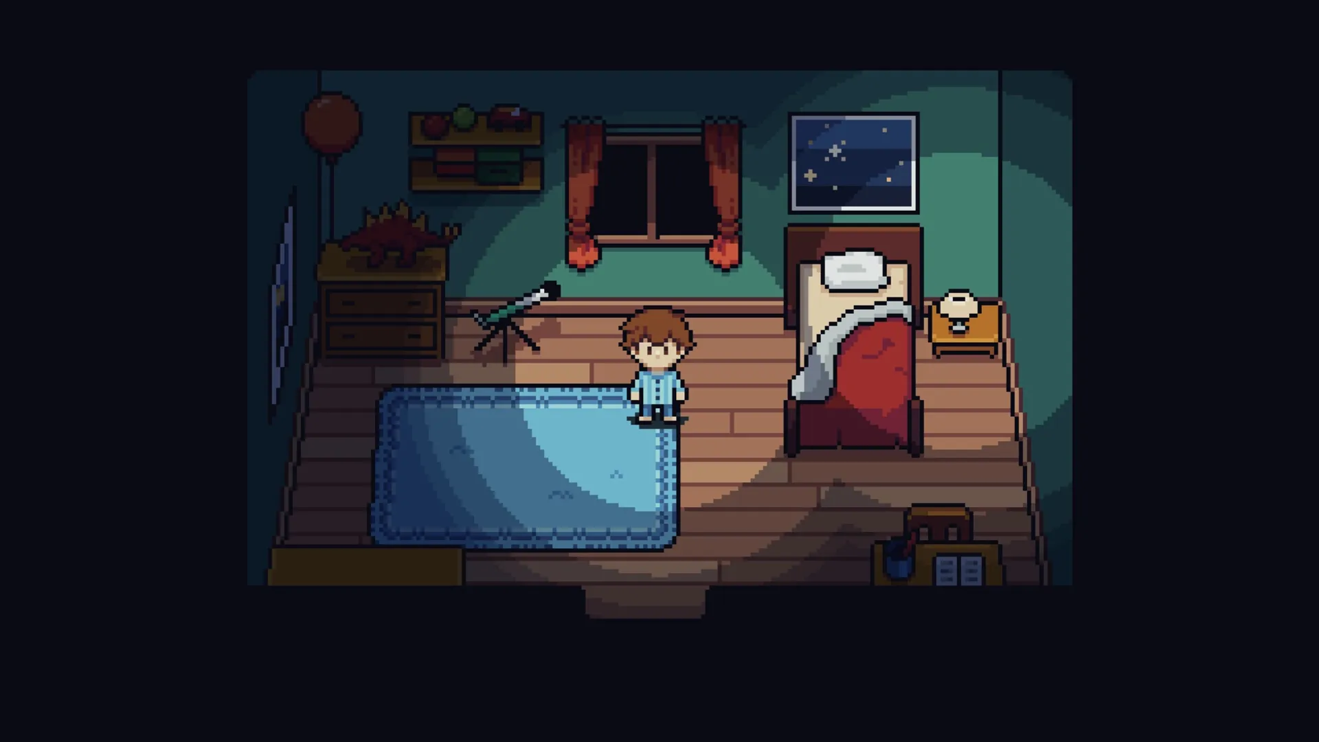Dreamed Away: Théo stands in a cozy bedroom with telescope, bed, and night sky painting visible