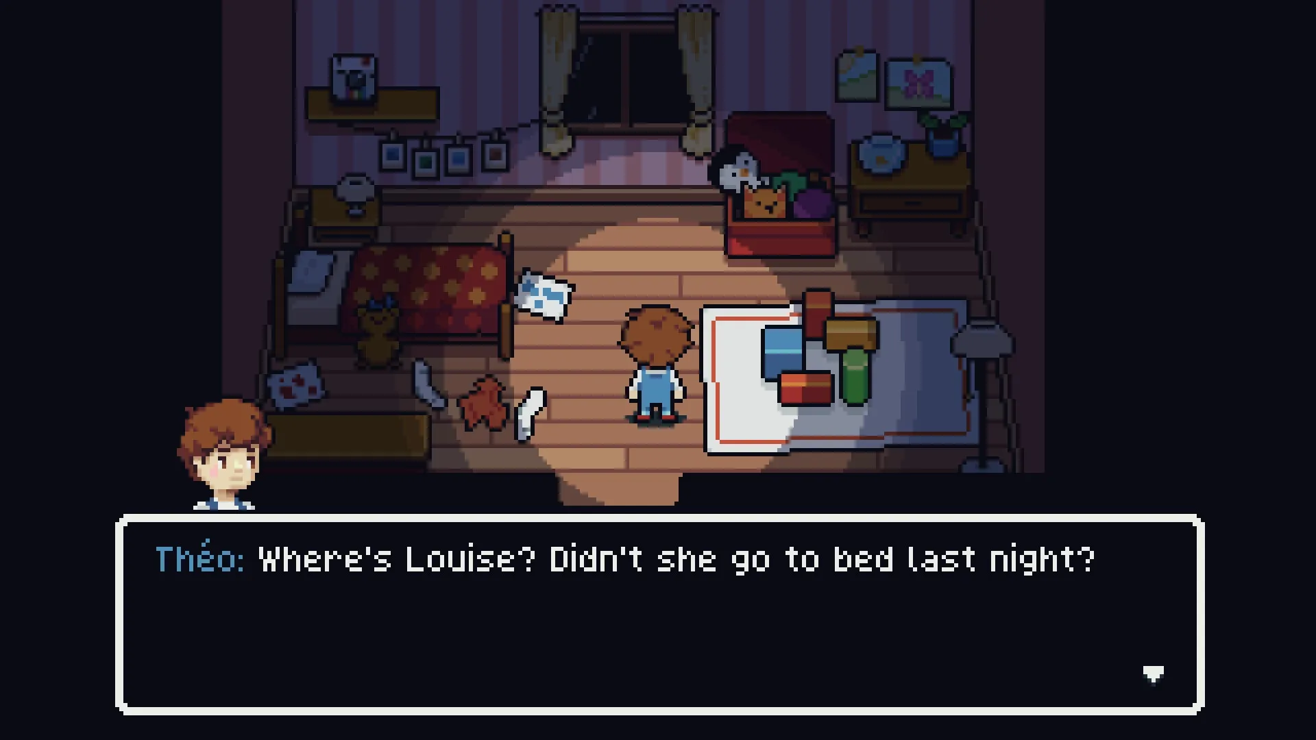 Dreamed Away: Théo standing in a dimly lit bedroom with toys, questioning Louise's whereabouts
