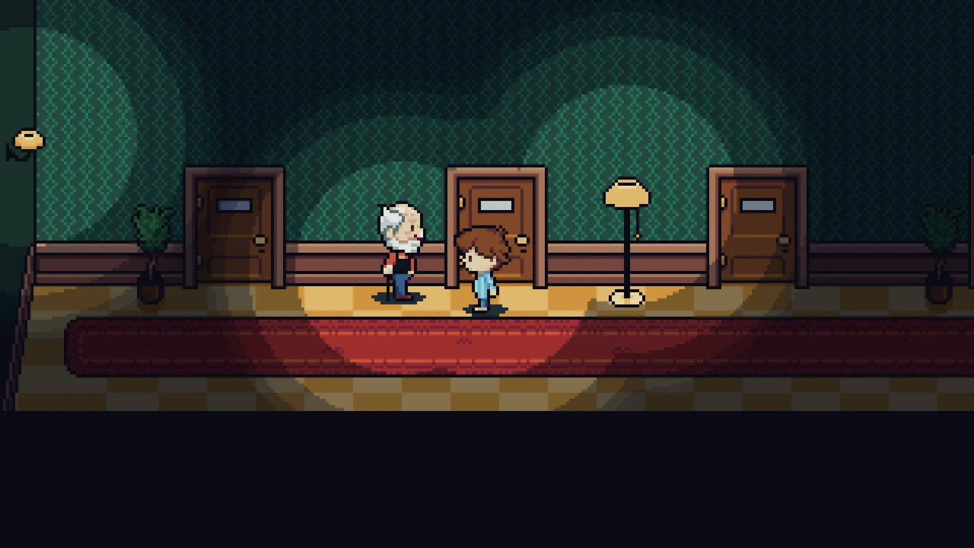 Dreamed Away: Théo converses with elderly man in dimly lit hallway with doors and a standing lamp.