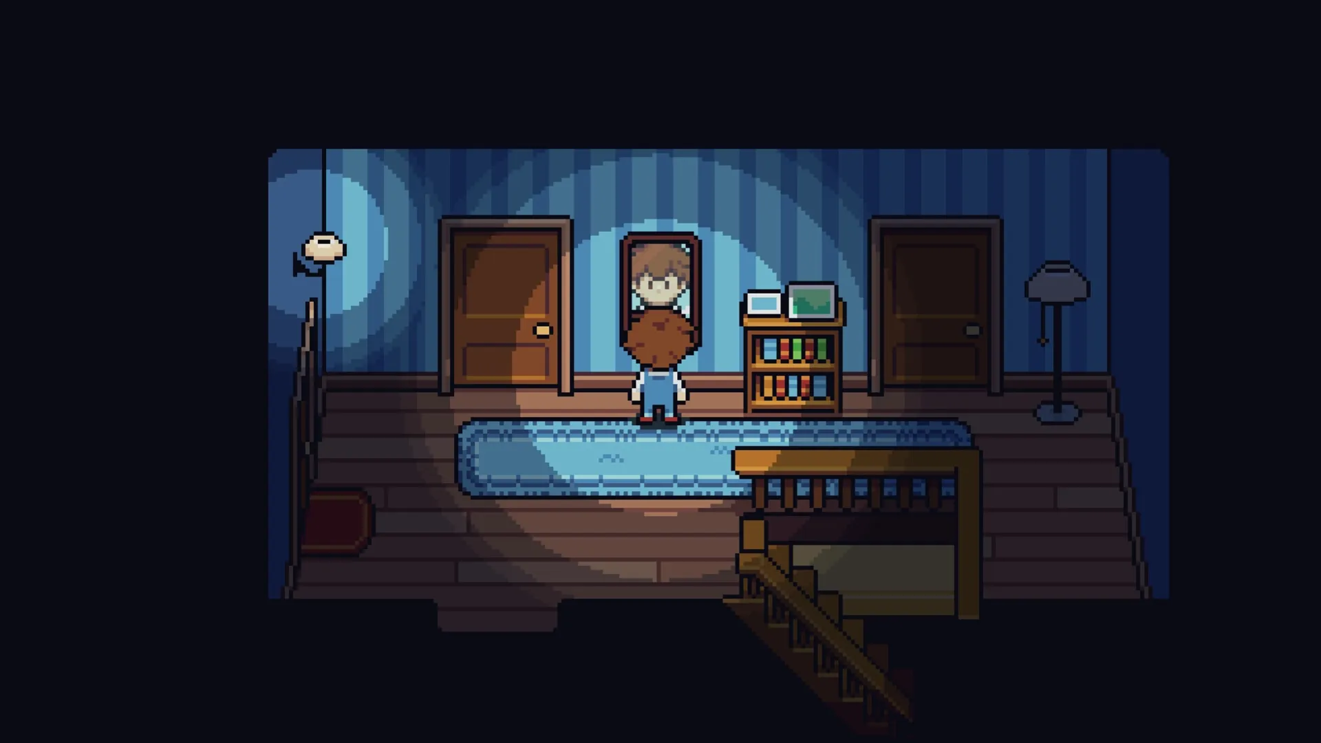 Dreamed Away: Théo stares into a mirror in a dimly lit hallway with doors and a bookshelf nearby.
