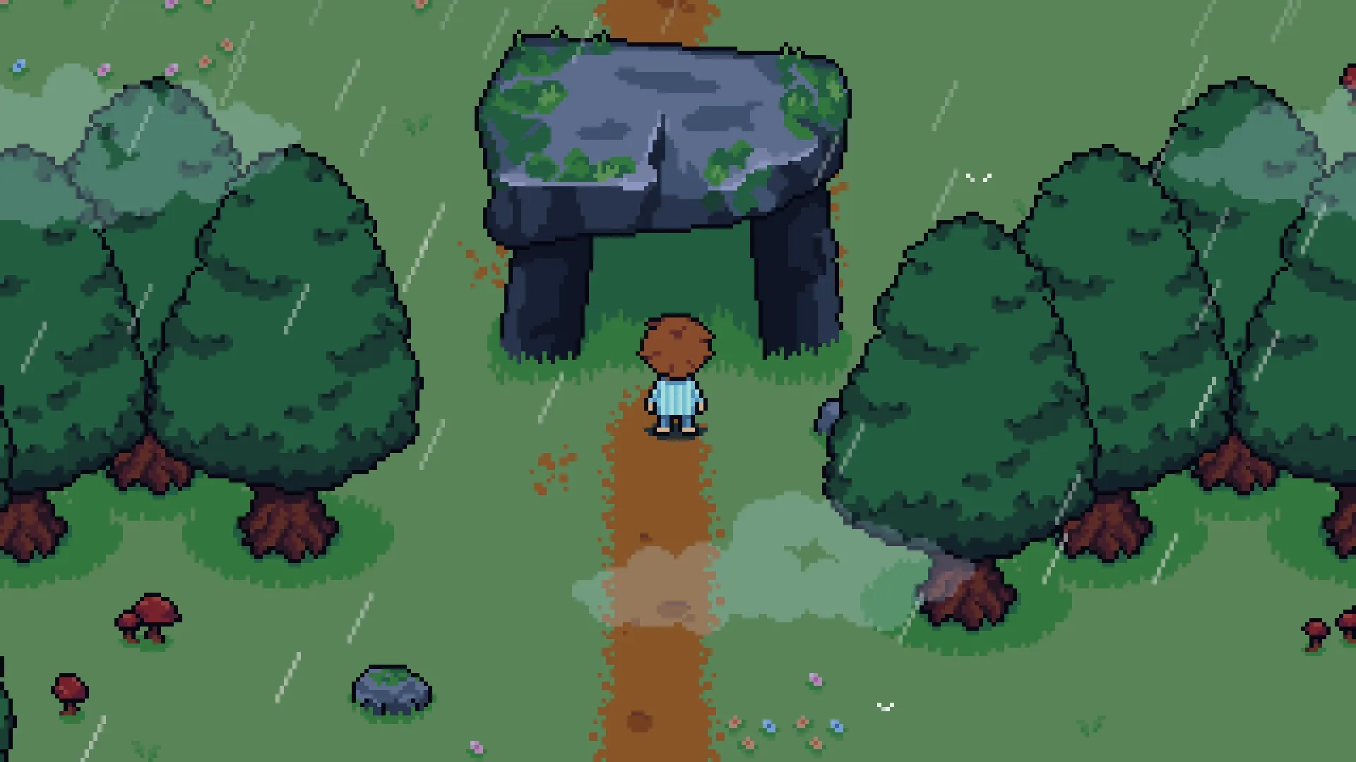 Dreamed Away: Théo approaches a stone archway in a rainy forest clearing with towering trees.