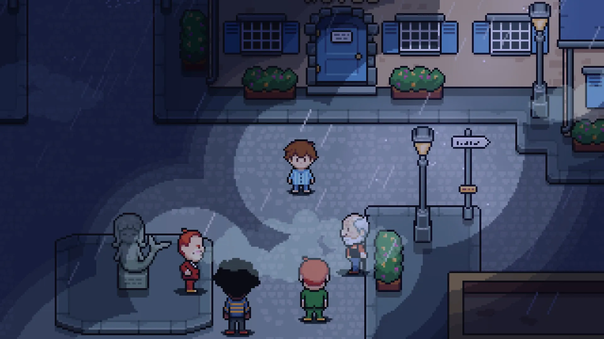 Dreamed Away: Théo stands in a rainy village square surrounded by NPCs and streetlights.