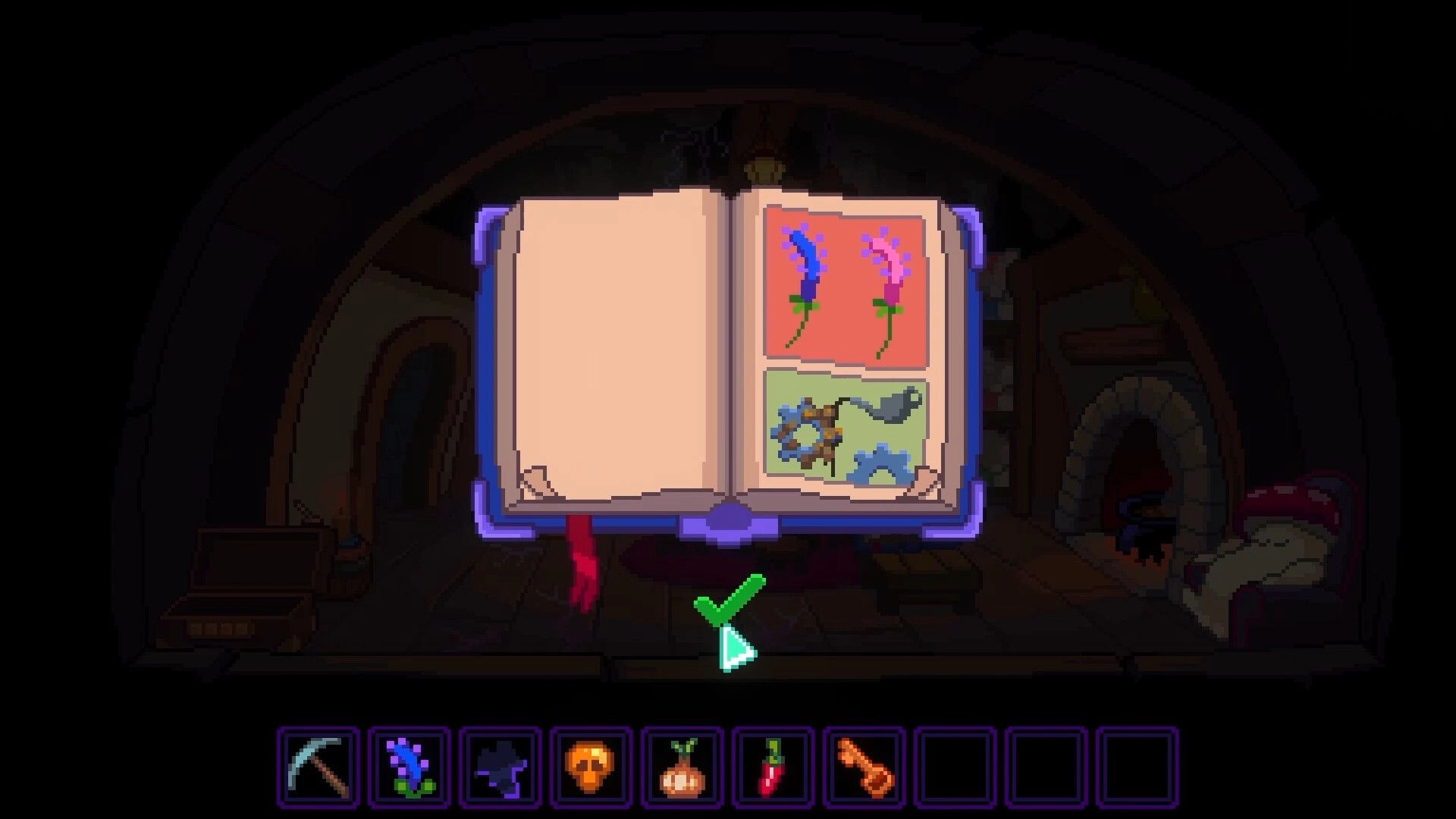 Dreamera: Open spellbook with illustrated plants in a cozy, dimly lit room with stone archways