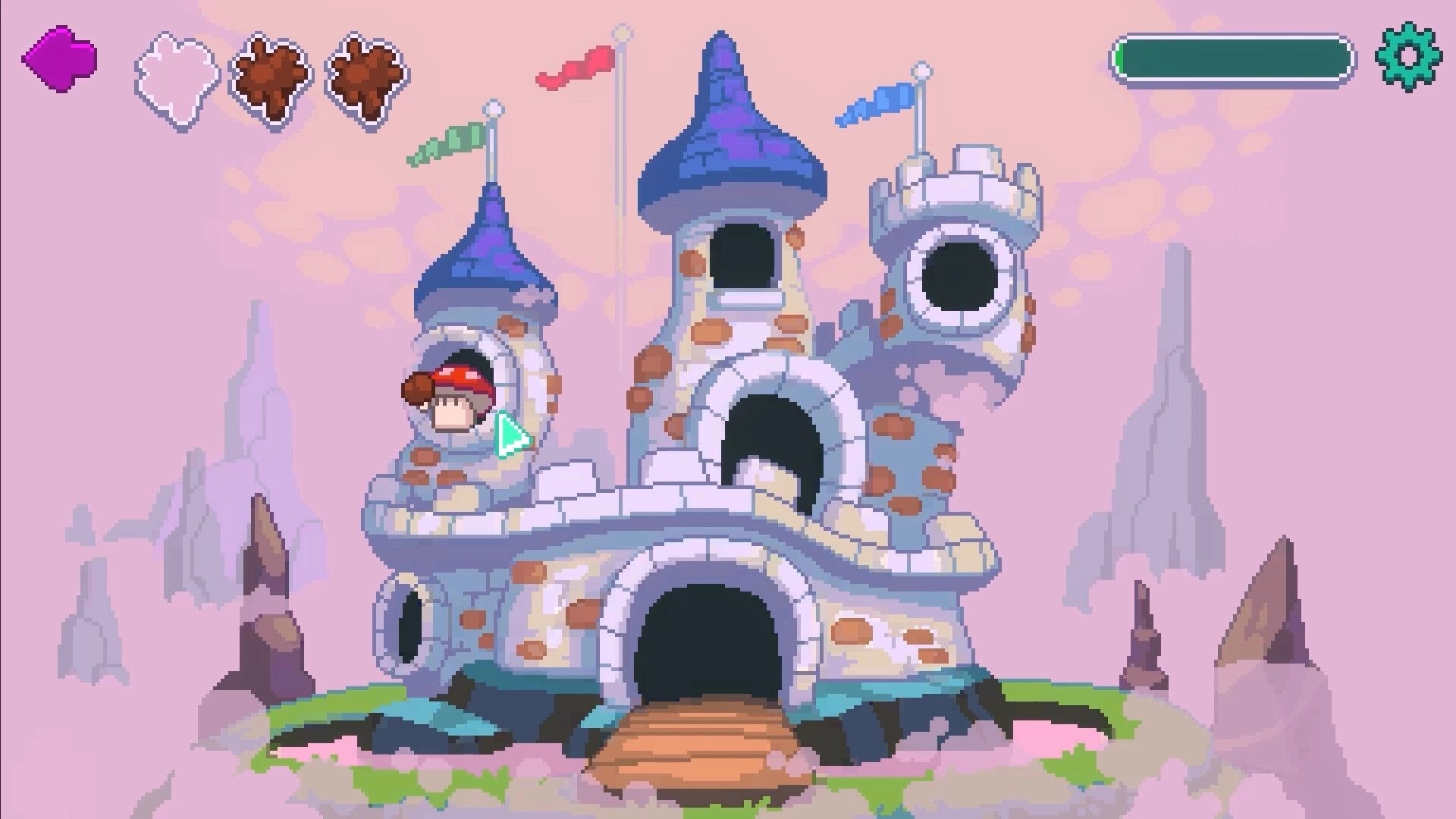 Dreamera: Castle exploration with player cursor hovering over whimsical castle in a pastel dreamscape