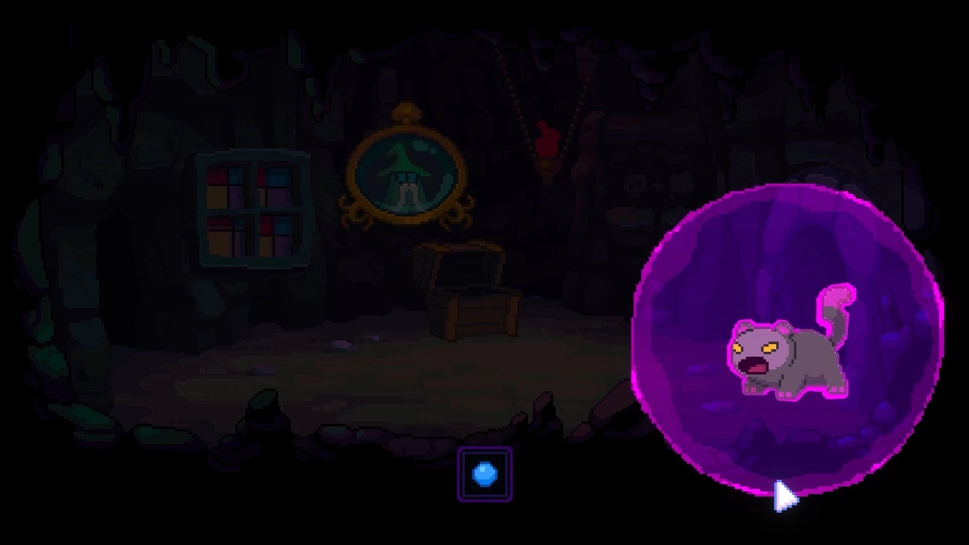 Dreamera: Purple cat in a glowing orb inside a dark cave with a chest and magical symbols.