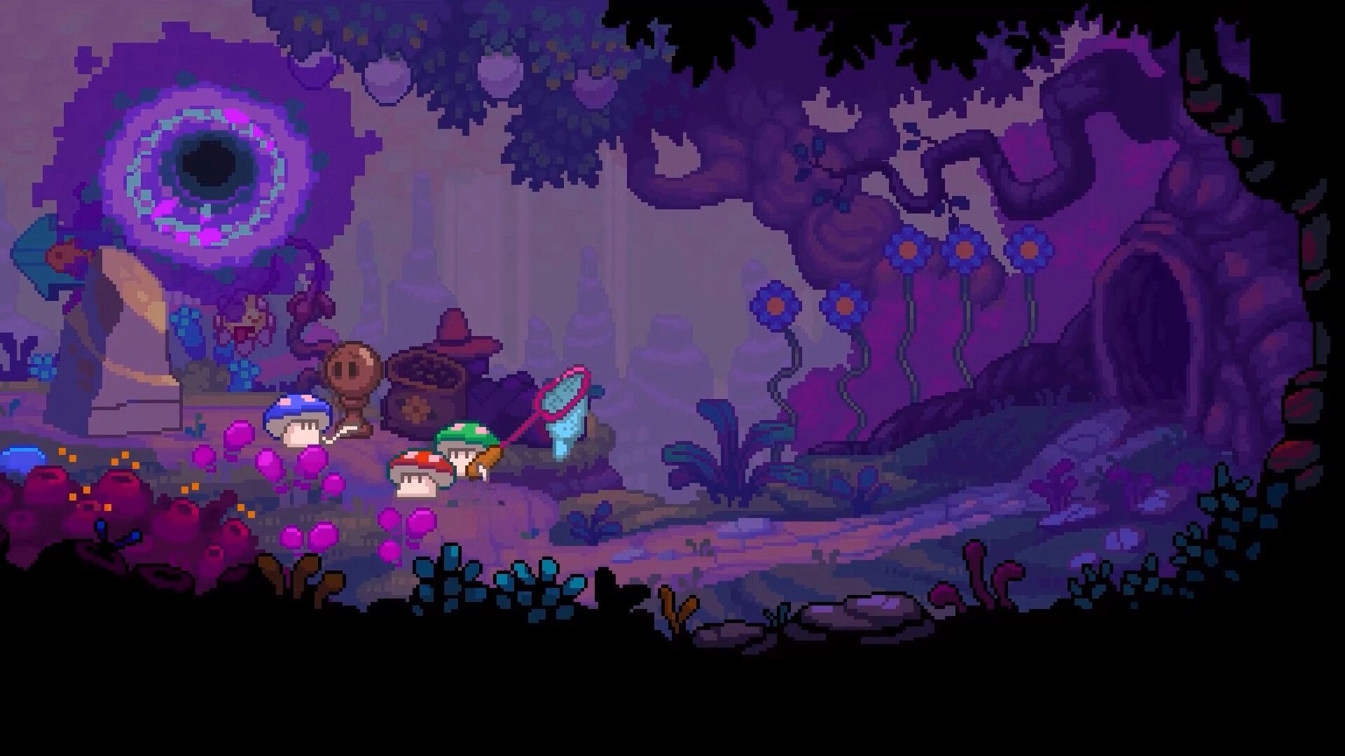 Dreamera: Mushroom characters exploring a mystical forest with a swirling purple Dreamgate nearby