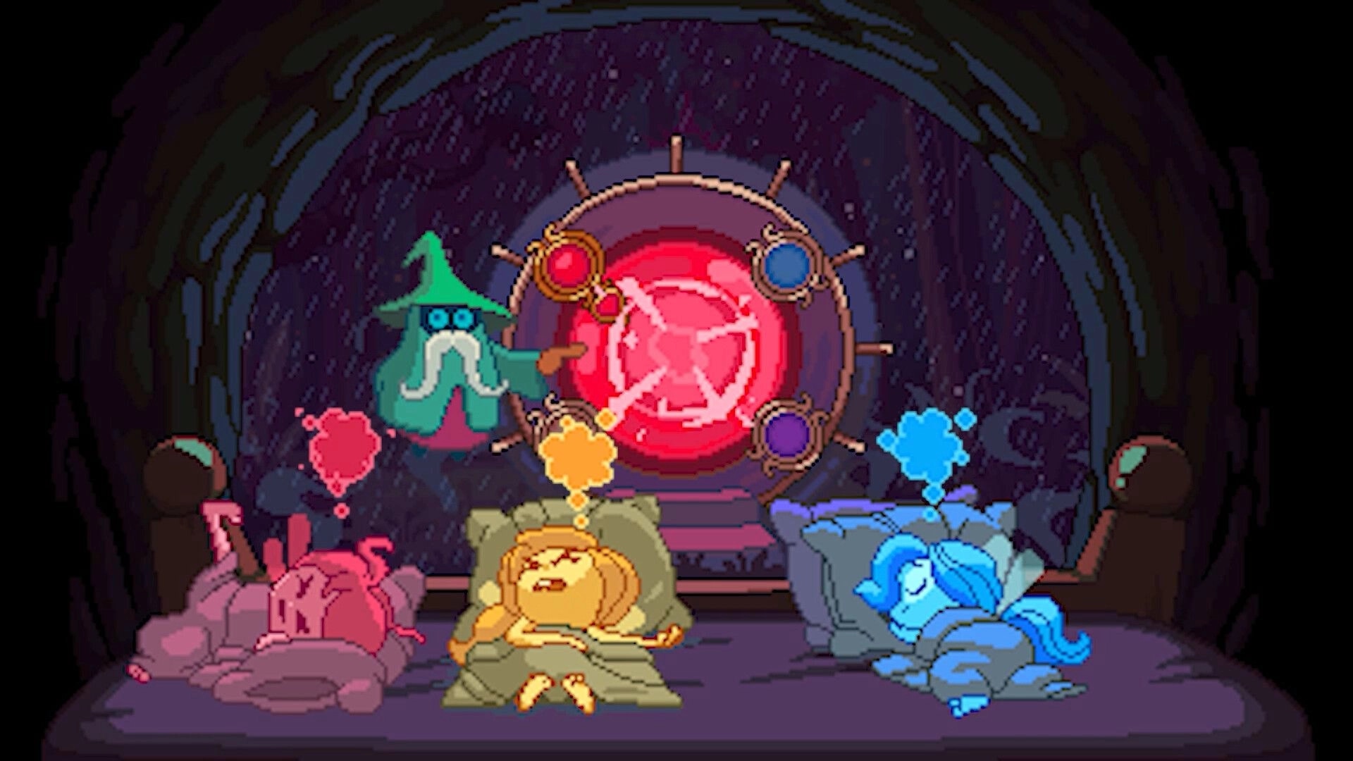 Dreamera: Wizard in front of glowing Dreamgate while three characters sleep in a mystical cave