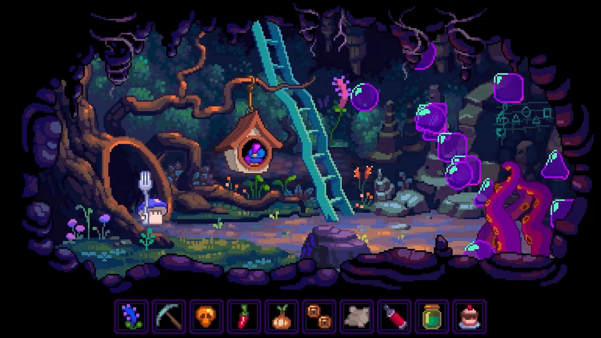 Dreamera: Character holding fork in enchanted forest with purple crystals, tentacles, and item bar visible