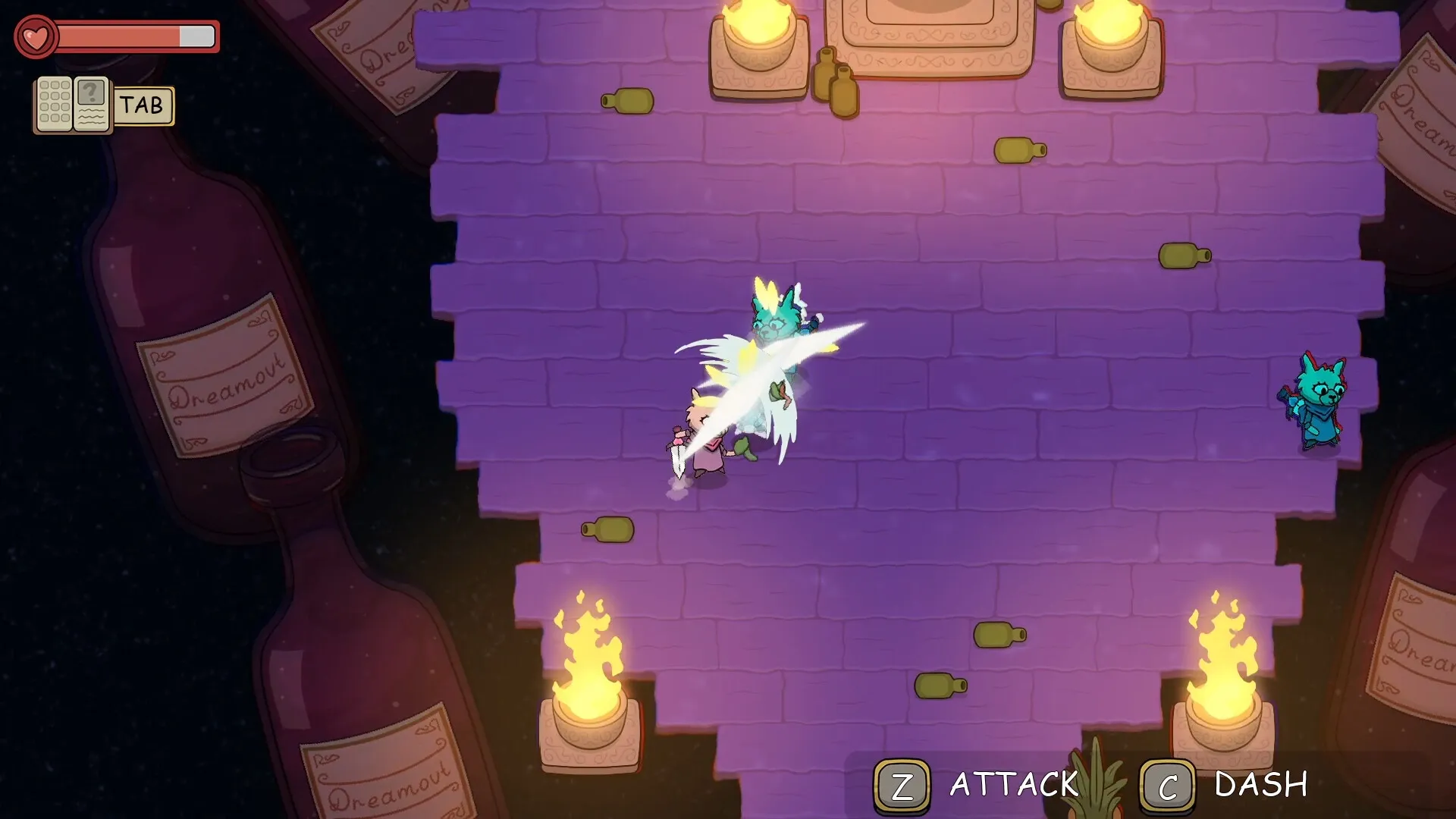DREAMOUT: Drunken alpaca battling a foe on purple stone floor with UI showing health and action keys