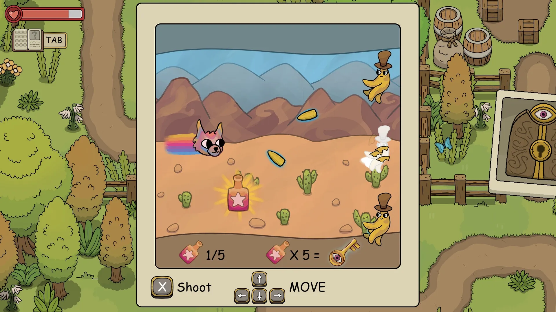 DREAMOUT: Drunken alpaca shooting bananas in desert canyon with UI showing inventory and controls