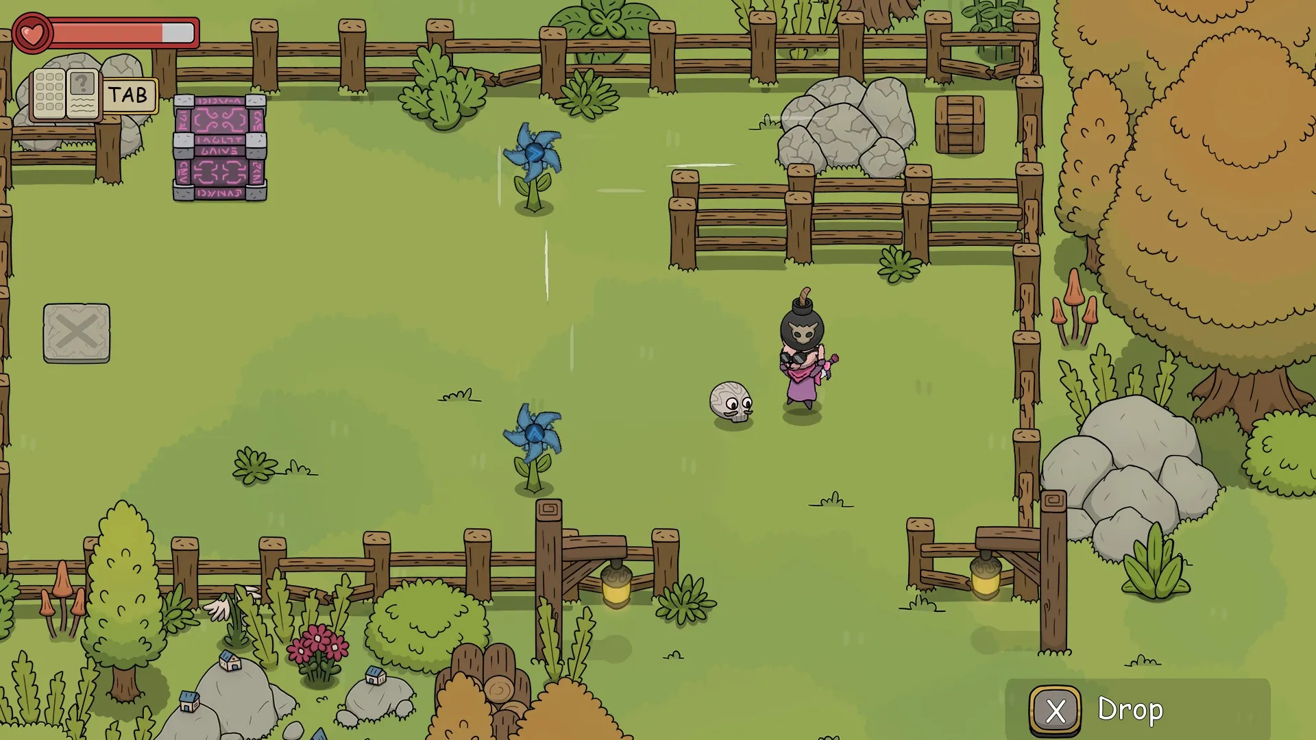 DREAMOUT: Alpaca with mask and pink scarf explores fenced grassy area with inventory tab visible