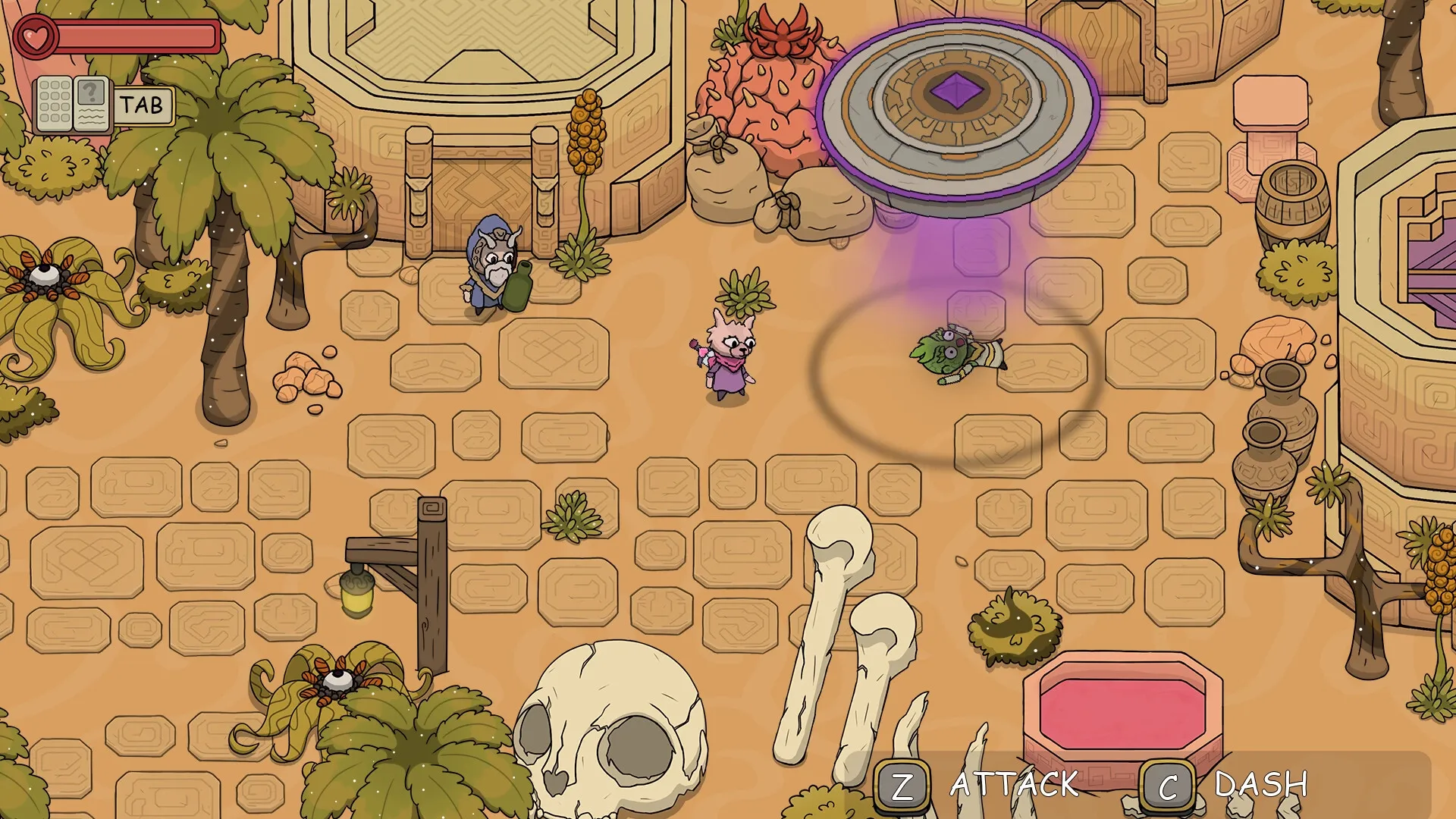 DREAMOUT: Drunken alpaca encounters watermelon thug by ancient temple with inventory and controls shown