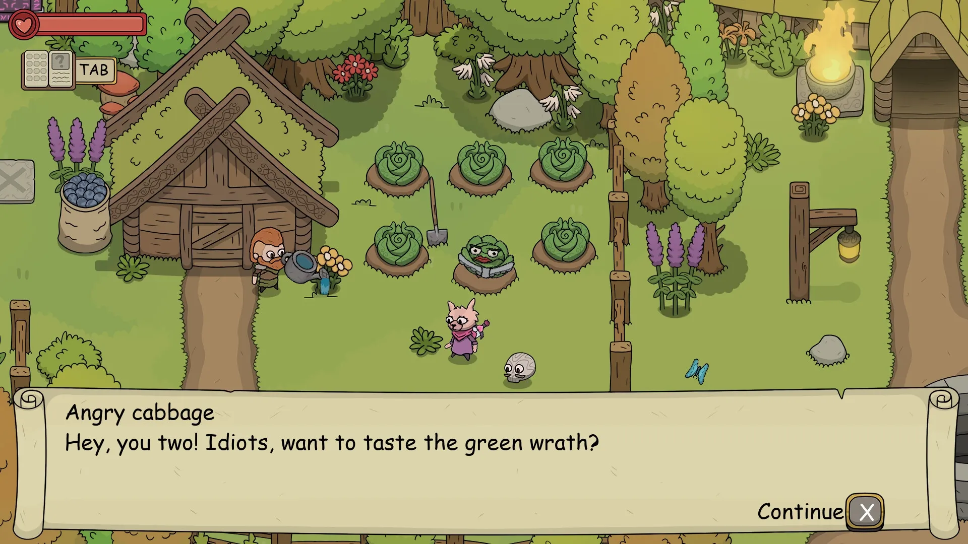 DREAMOUT: Player character confronts angry cabbage in a lush garden with dialogue box displayed