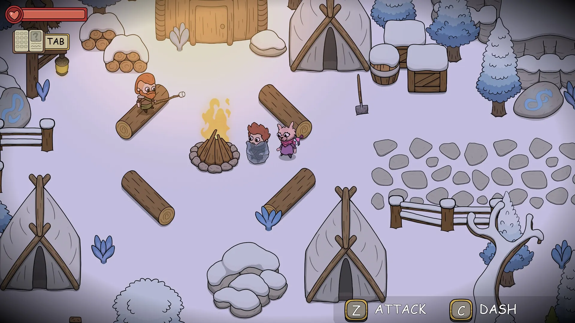 DREAMOUT: Alpaca and friend by campfire in snowy village with tents and logs, UI shows health and actions