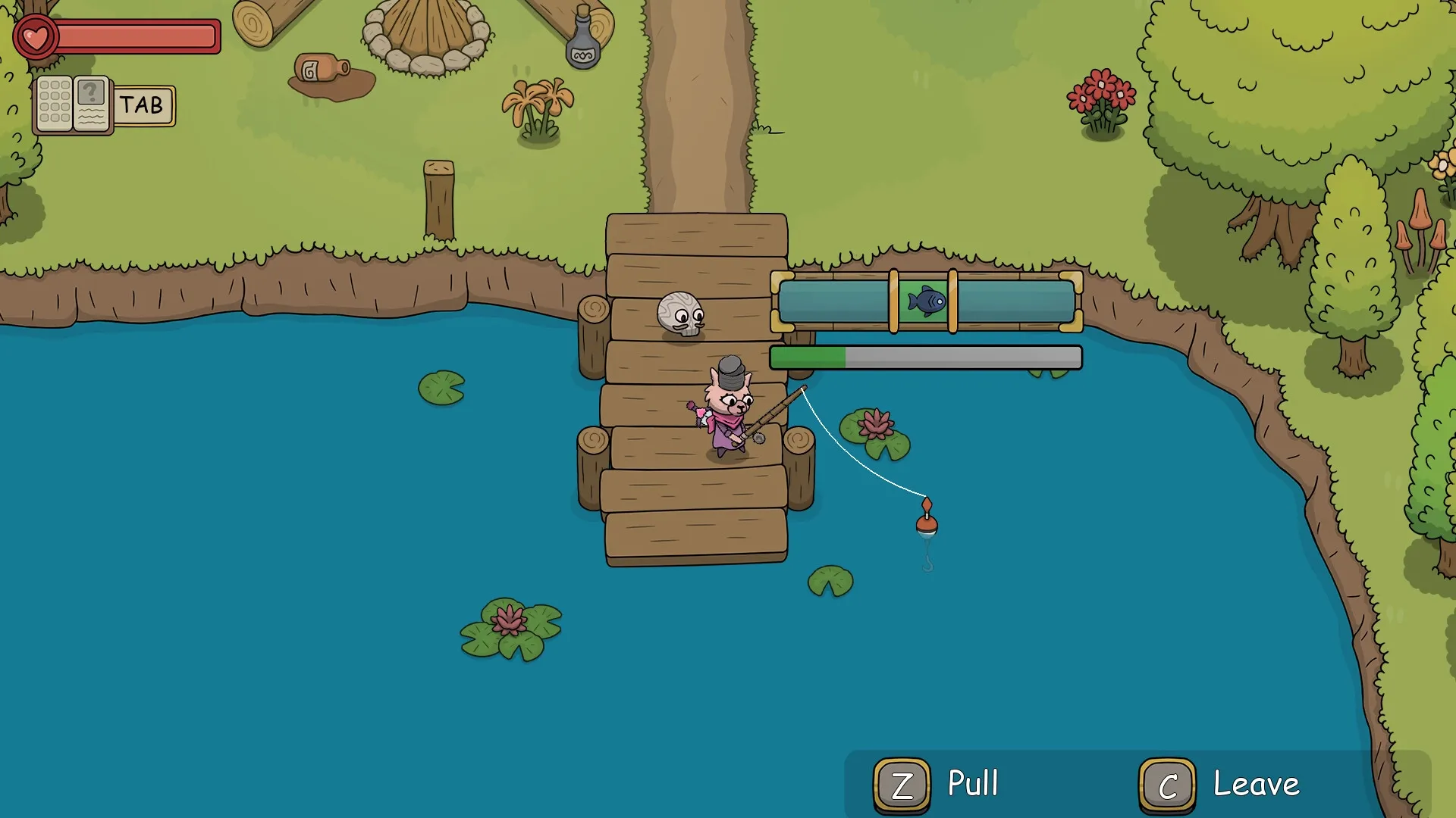 DREAMOUT: Drunken alpaca fishing on a wooden dock with inventory menu and pull option in a tranquil forest.