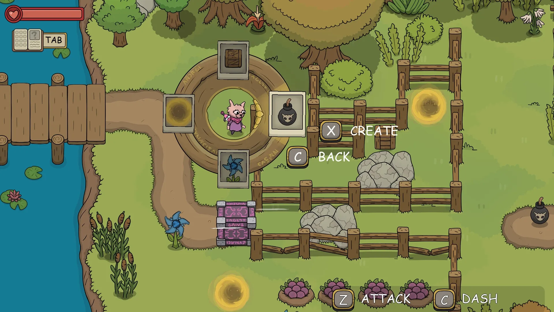 DREAMOUT: Drunken alpaca in crafting menu near river, surrounded by trees and fences in sunny forest setting.
