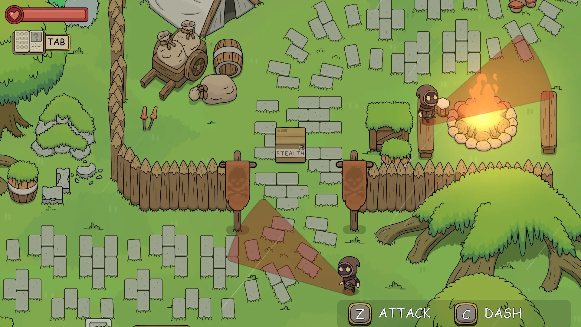 DREAMOUT: Stealth mission with two characters near a campfire in a fenced forest area, UI shows controls.