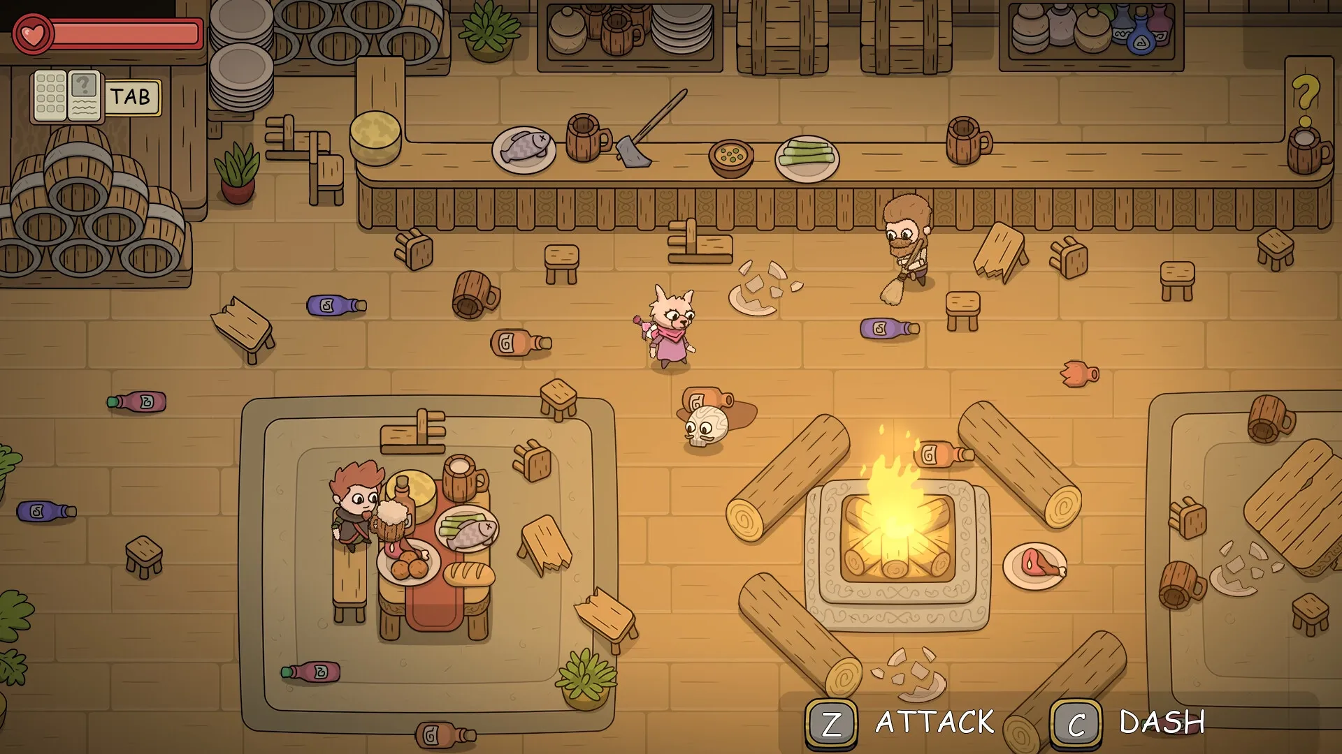 DREAMOUT: Drunken alpaca navigates tavern with scattered bottles, tables, and a roaring fire nearby
