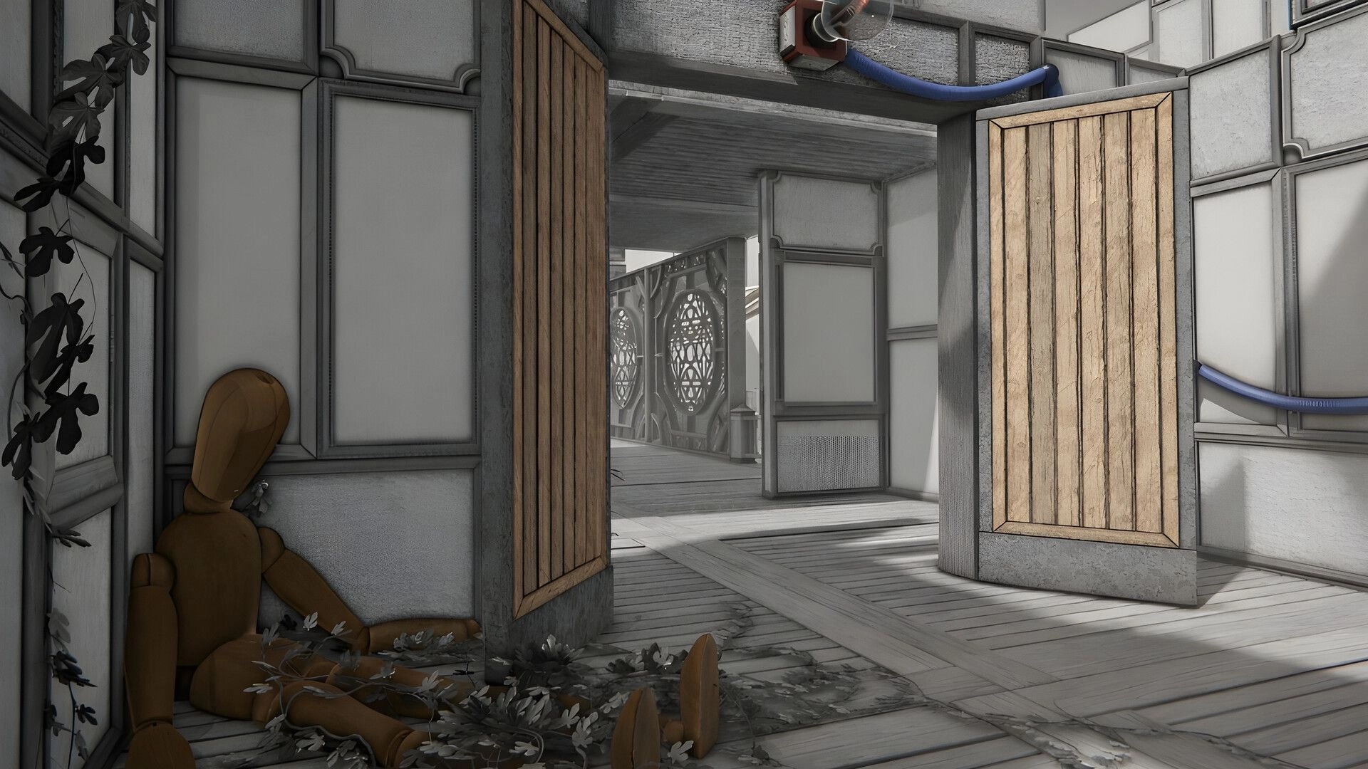Dreampainters: Open wooden doors reveal a grayscale corridor with a fallen mannequin in a corner.