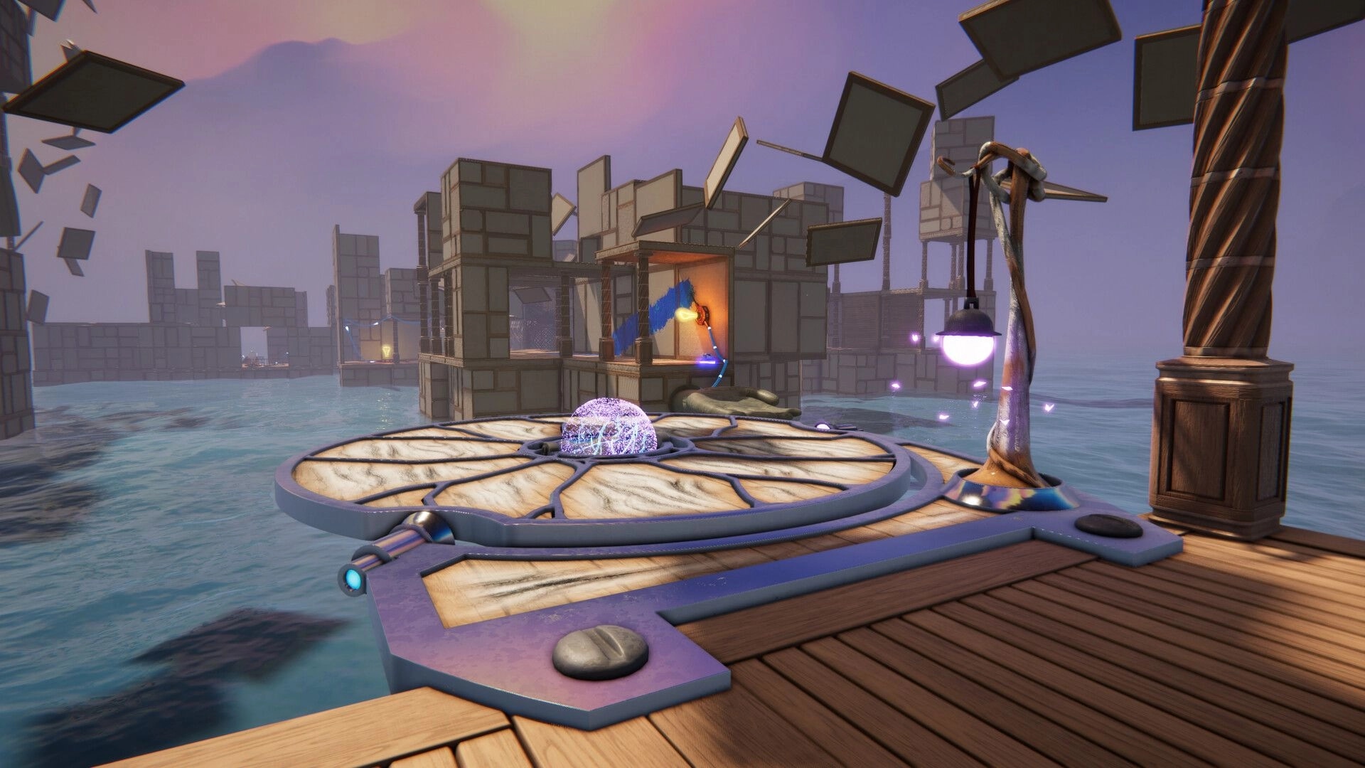 Dreampainters: Glowing orb on a circular platform by water amid floating blocks and purple lights at dusk.