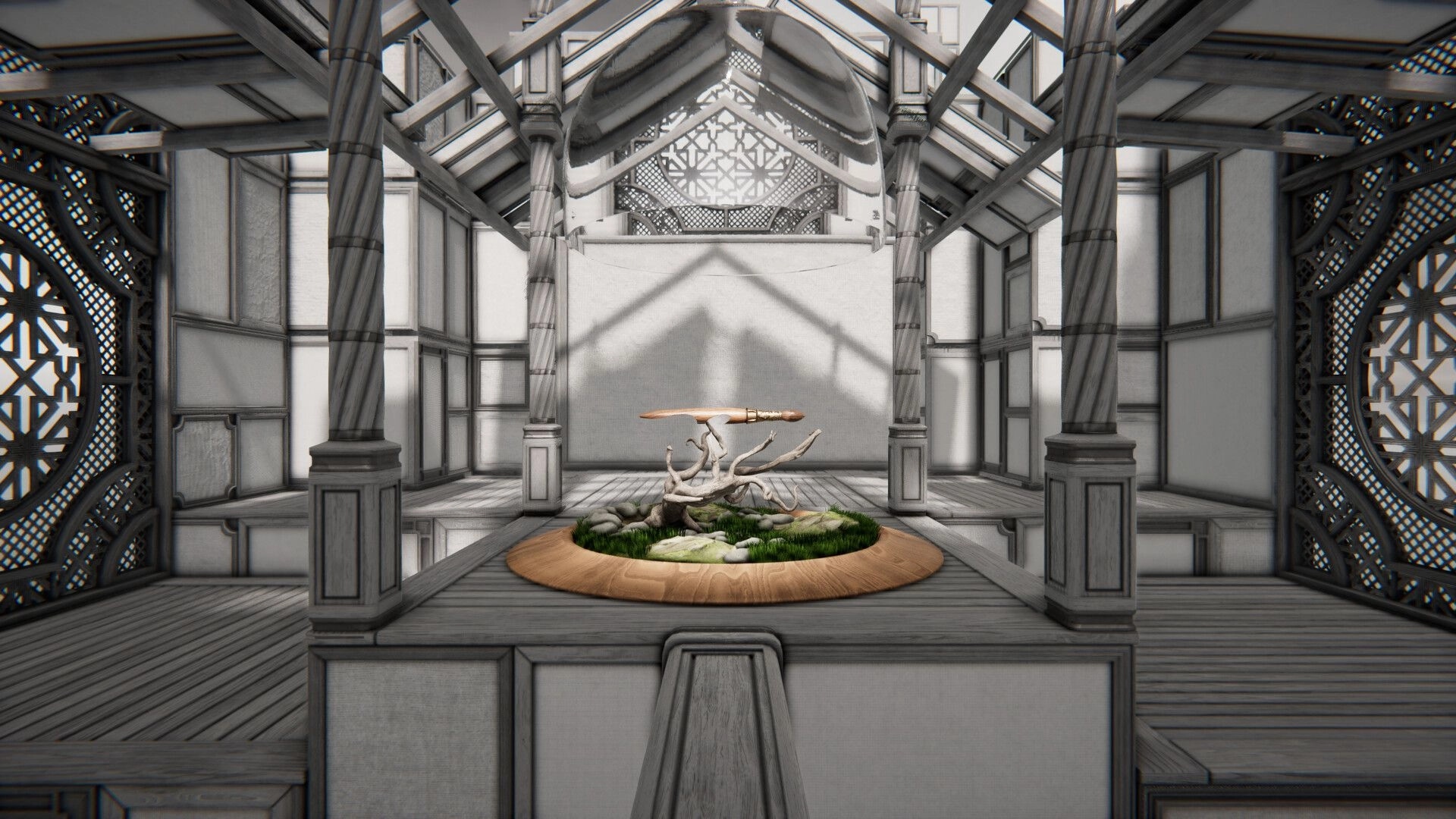 Dreampainters: Paintbrush hovering above a bonsai display in a grayscale wooden pavilion room.