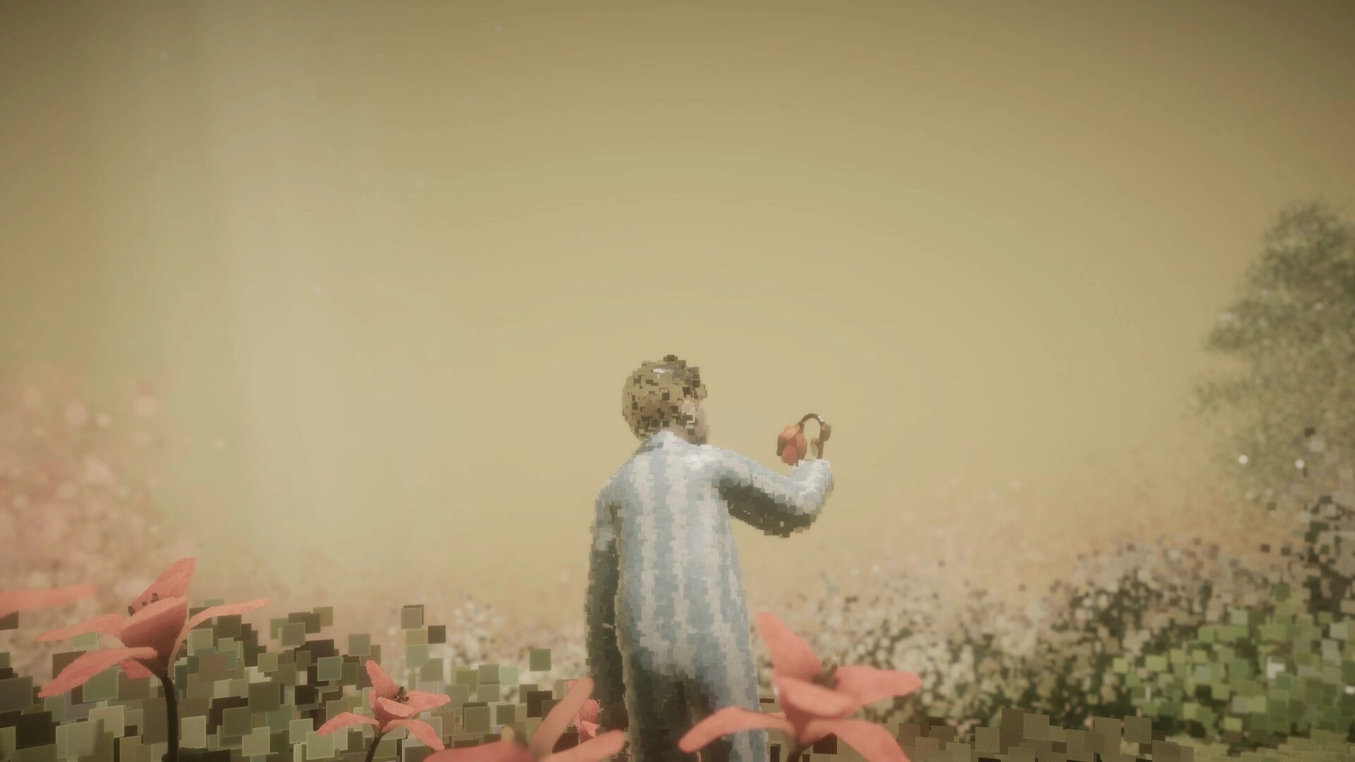 Dreams of Another: Character explores surreal landscape, holding a red flower amidst pixelated bloom
