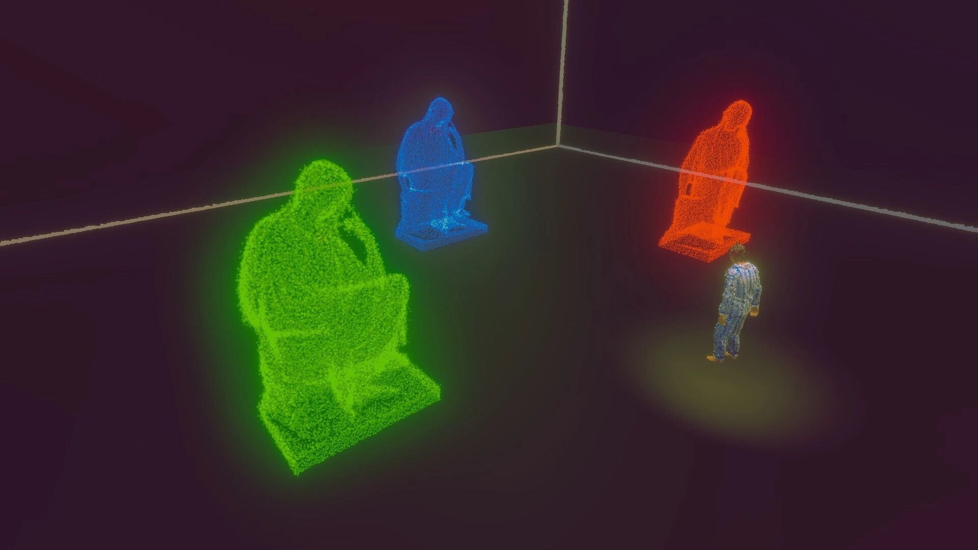 Dreams of Another: Player confronts glowing green, blue, and red statues in a dark, minimalistic room