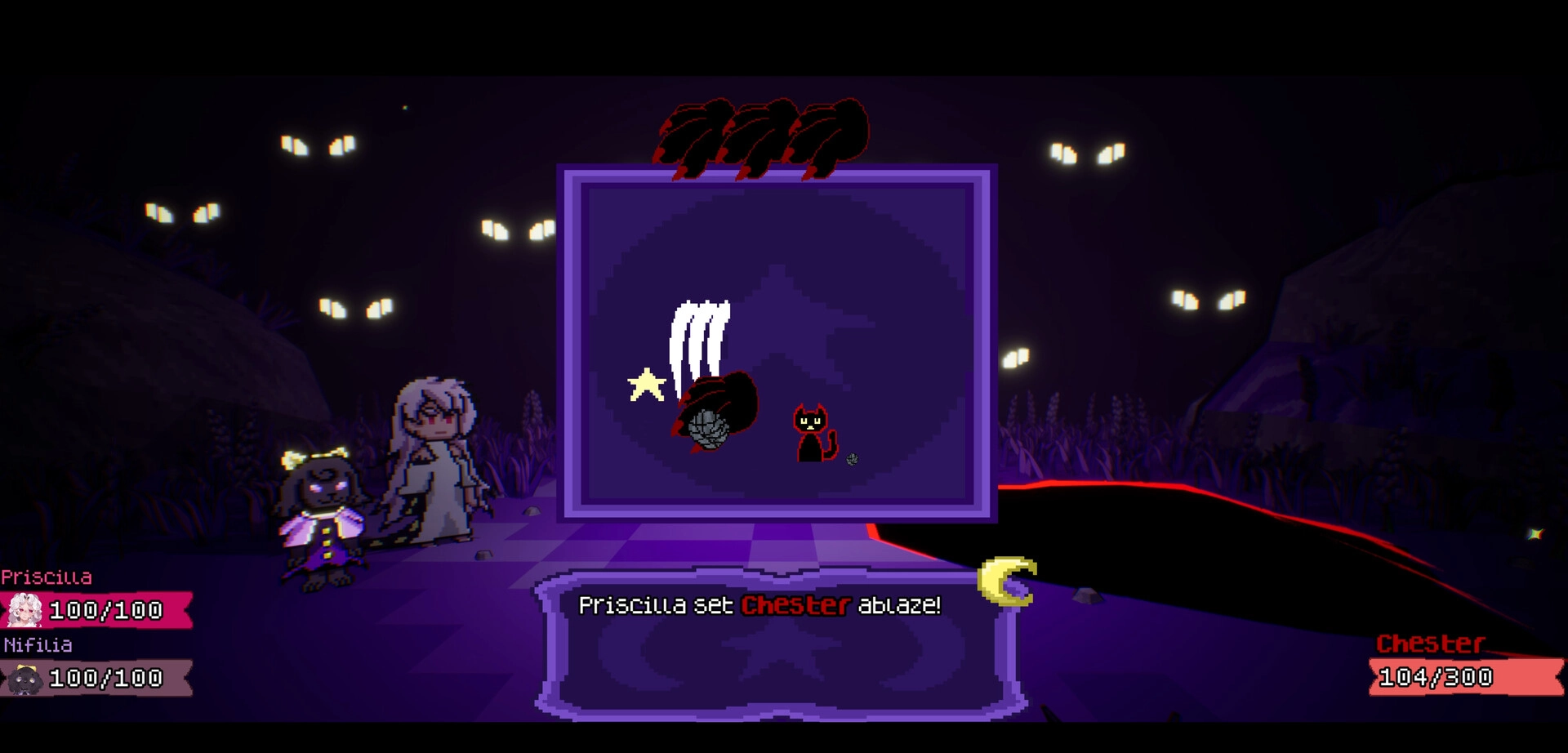 Dreamstory: Priscilla casts fire spell on Chester in a dark forest with glowing eyes in the background.