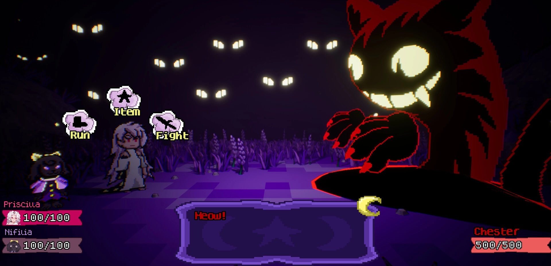 Dreamstory: Priscilla and Nifilia face Chester in a night forest, with options to Run, Item, or Fight.