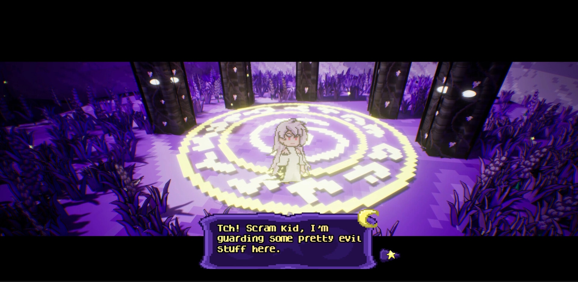 Dreamstory: Mysterious character guards glowing circle in a purple forest with text dialogue displayed.