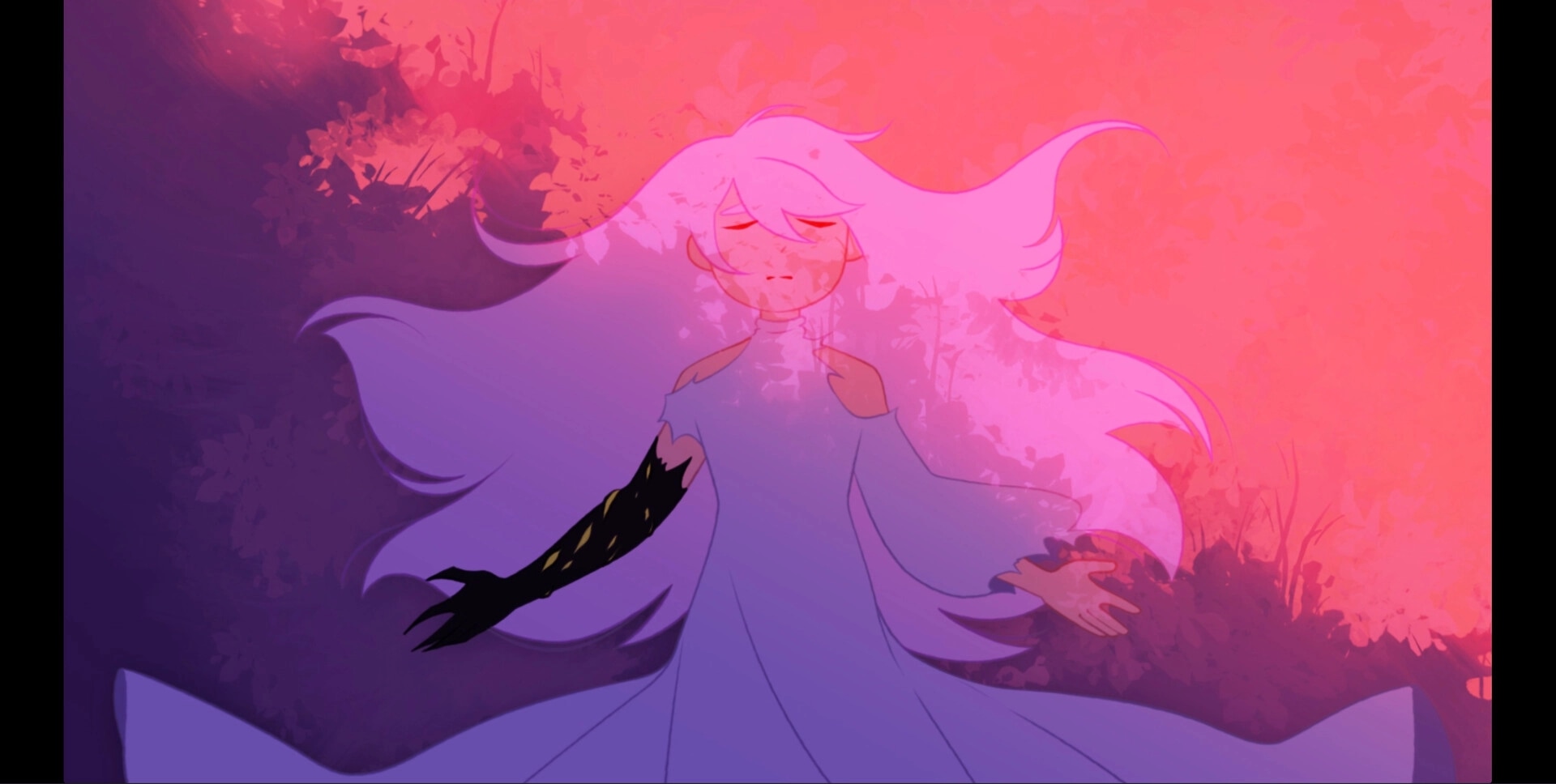 Dreamstory: Ethereal figure with flowing hair in a dreamlike, colorful landscape of pink and purple hues.
