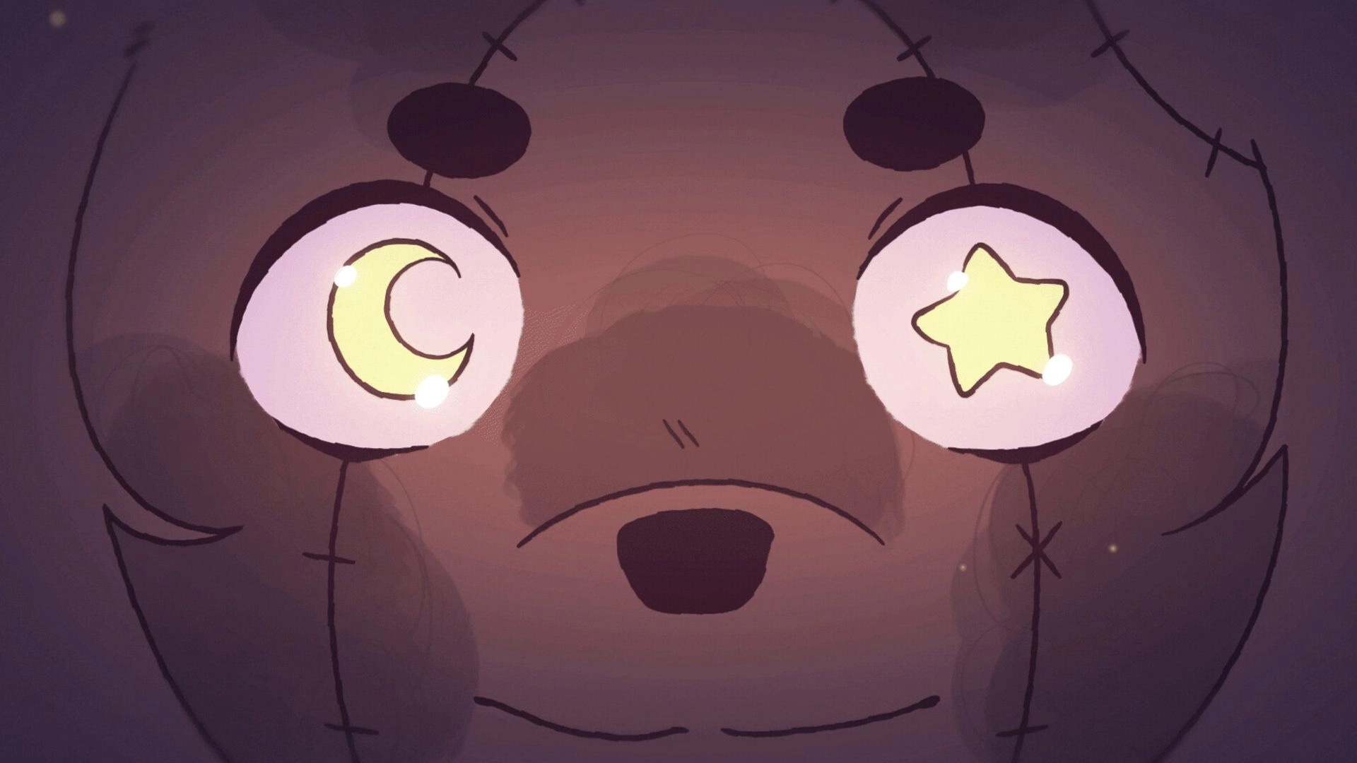 Dreamstory: Close-up of a teddy bear face with crescent moon and star in its eyes, dimly lit setting.