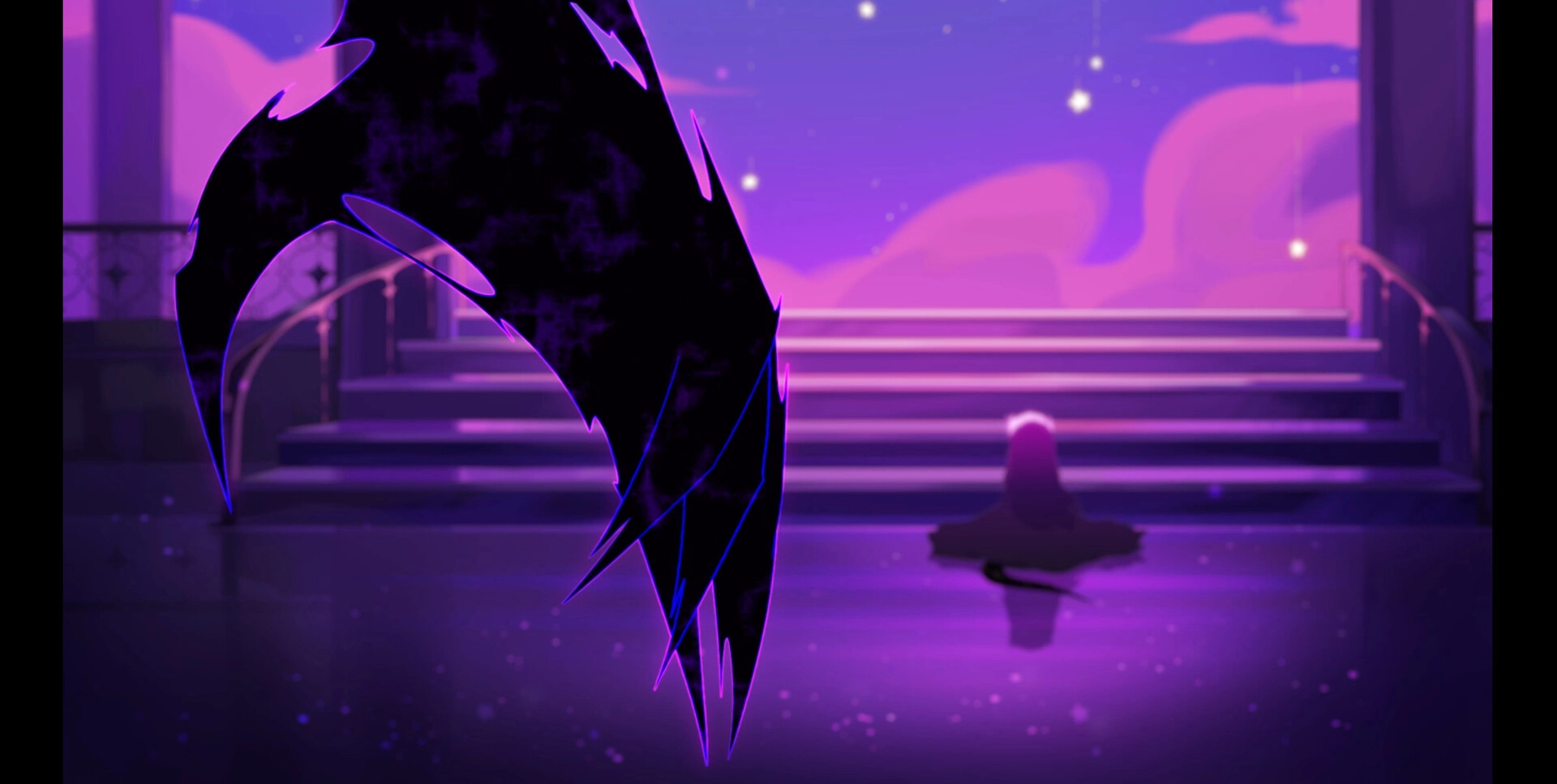 Dreamstory: Shadowy figure approaches a lone character on a staircase under a starry, purple sky.