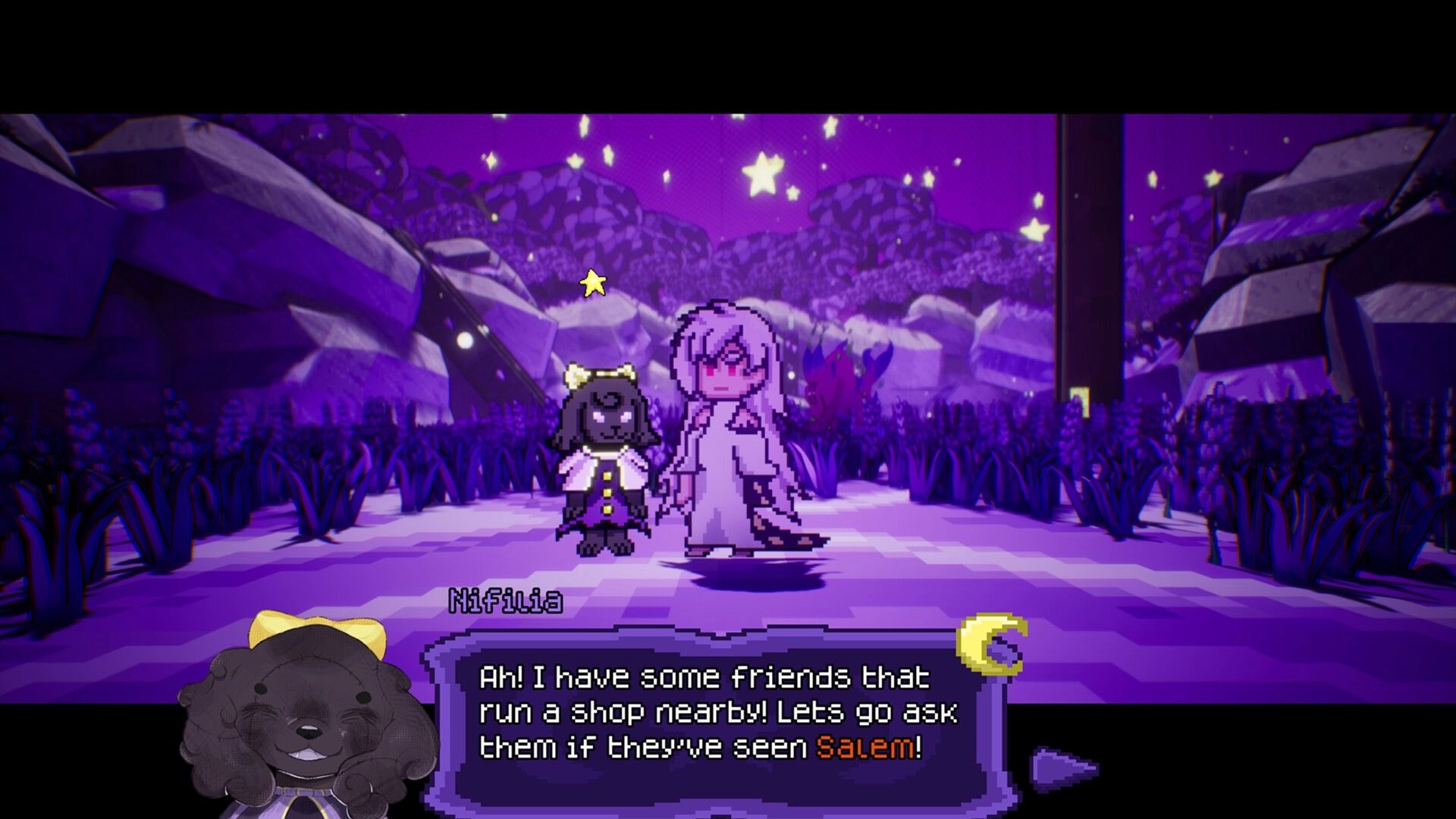 Dreamstory: Nifilia and companion in a starry purple forest discussing a nearby shop for information.